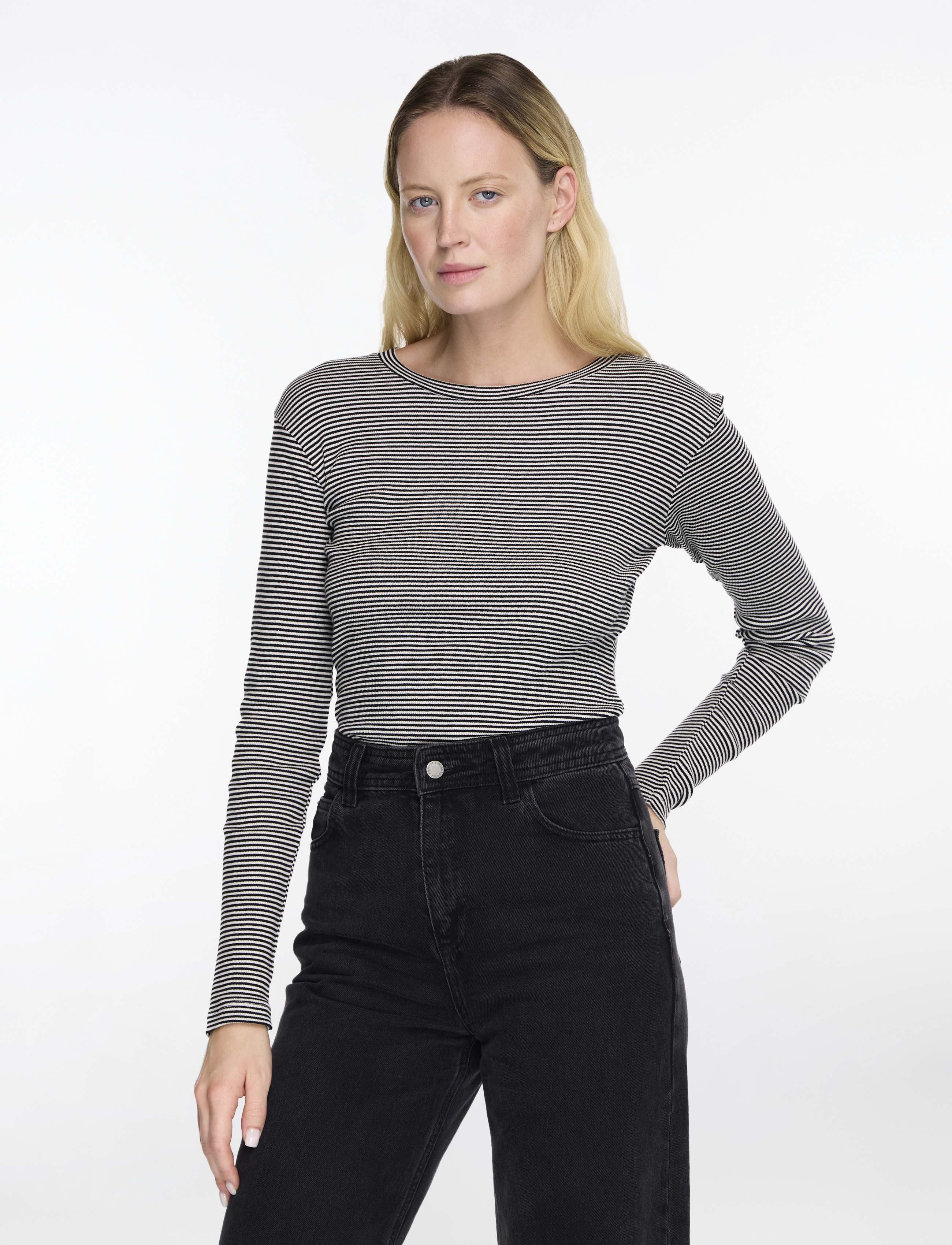 Mads Nørgaard 2x2 Cotton Stripe Tuba Tee LS - Langermede topper - BLACK/VANILLA ICE / white