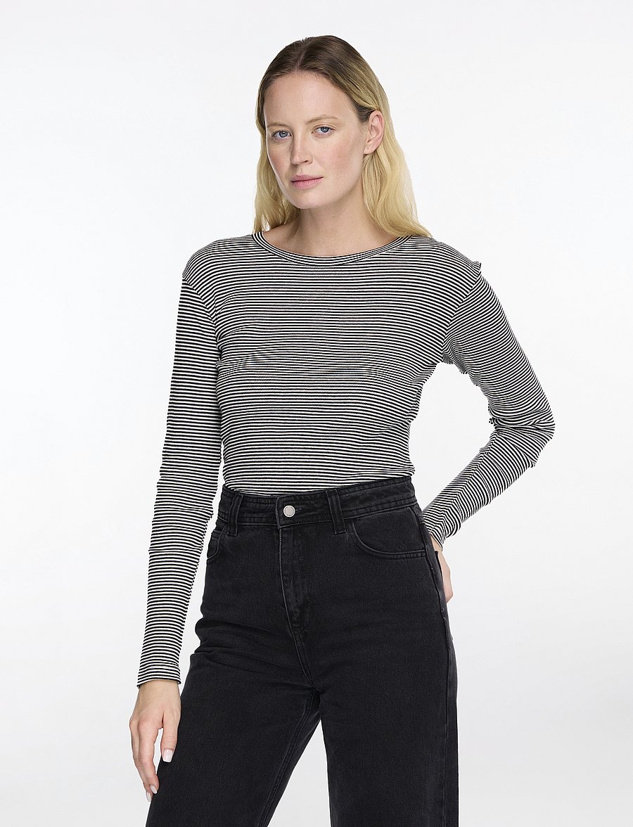 Mads Nørgaard - 2x2 Cotton Stripe Tuba Tee LS - langärmlige tops - black/vanilla ice - 0