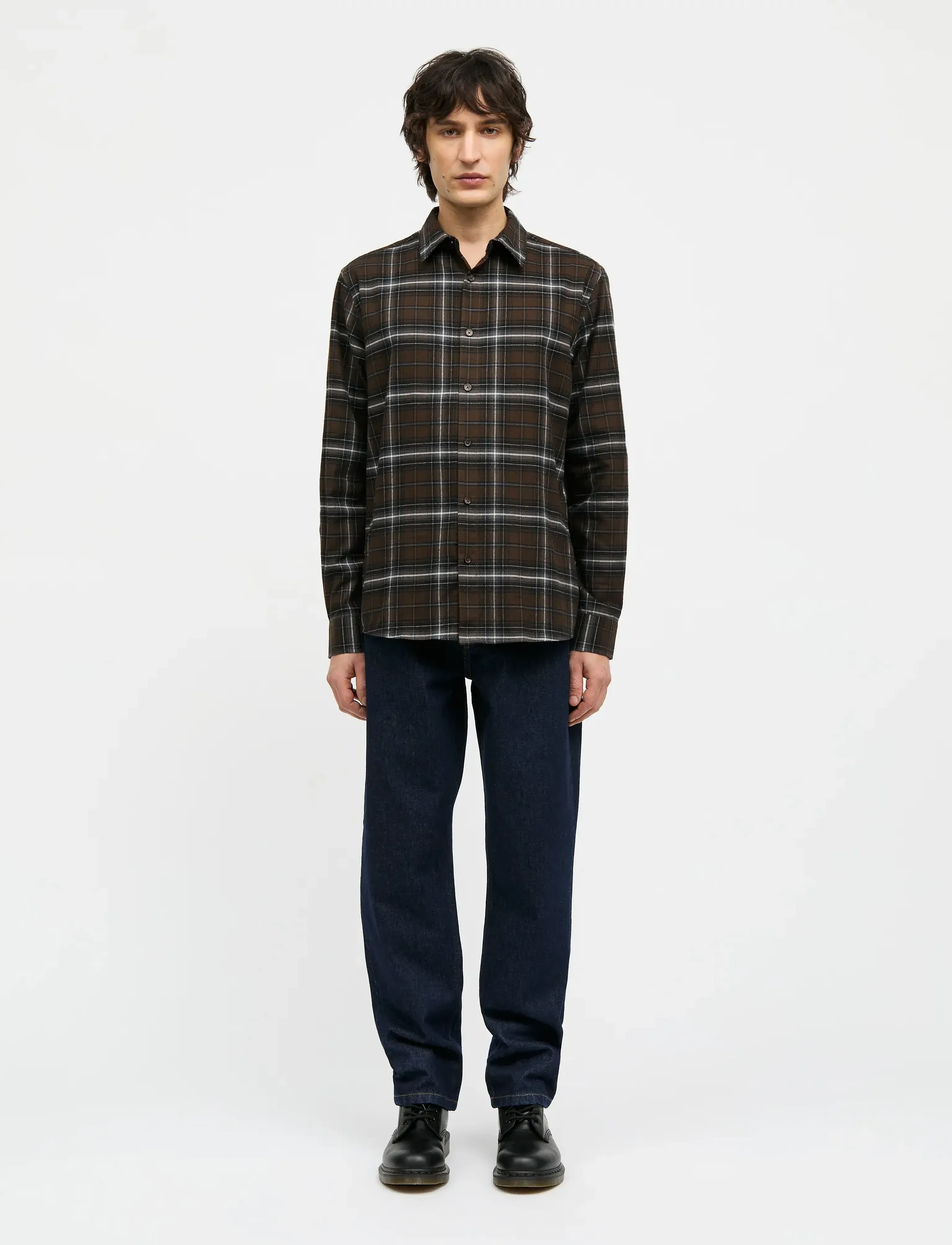 Mads Nørgaard Cotton Flannel Check Sune Shirt, Mænd, Flanell Skjorte Med Tern, Brun, Str: XL