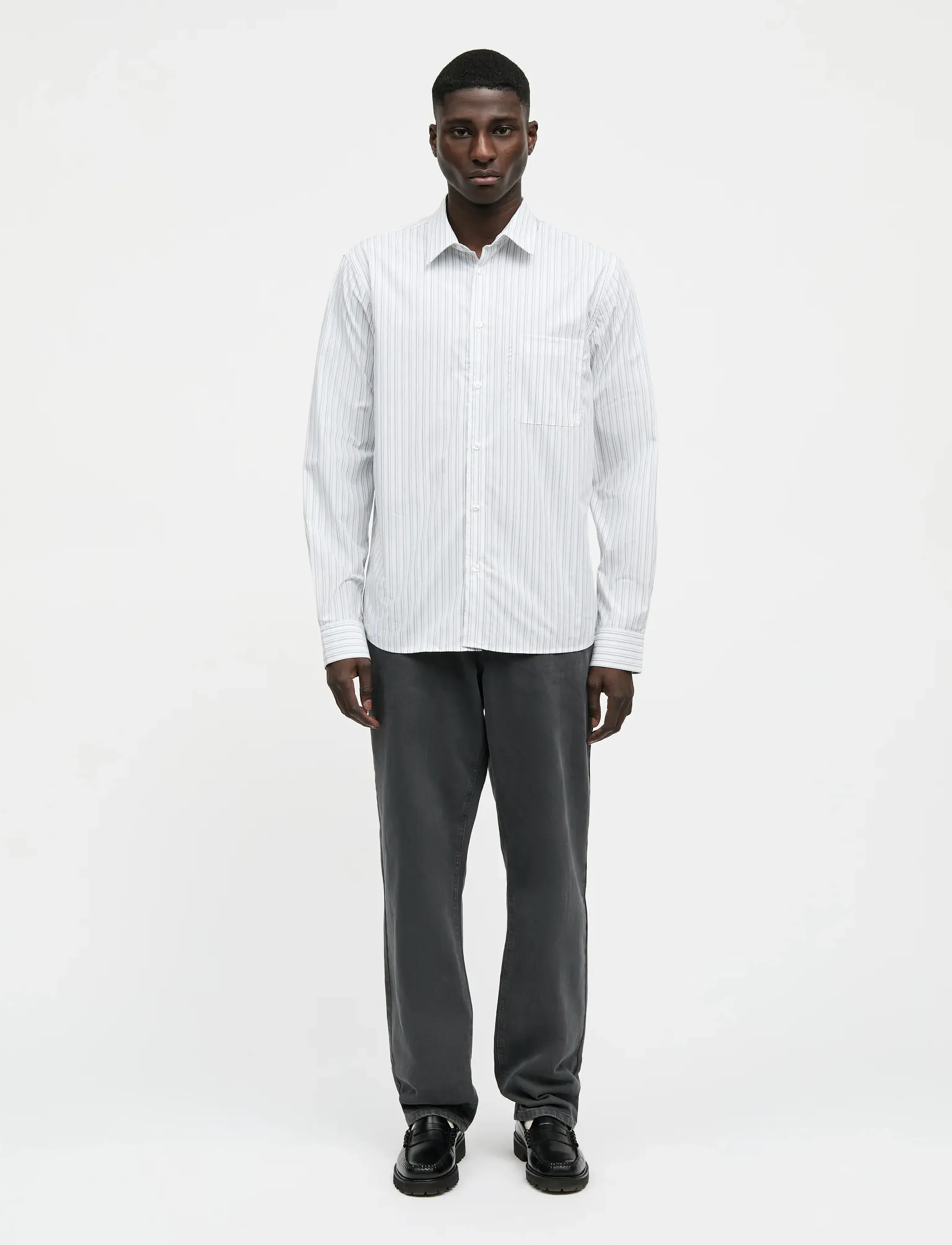 Mads Nørgaard Prime Cotton Poplin Sune Shirt - Akcija - WHITE/ASPHALT STRIPE / white