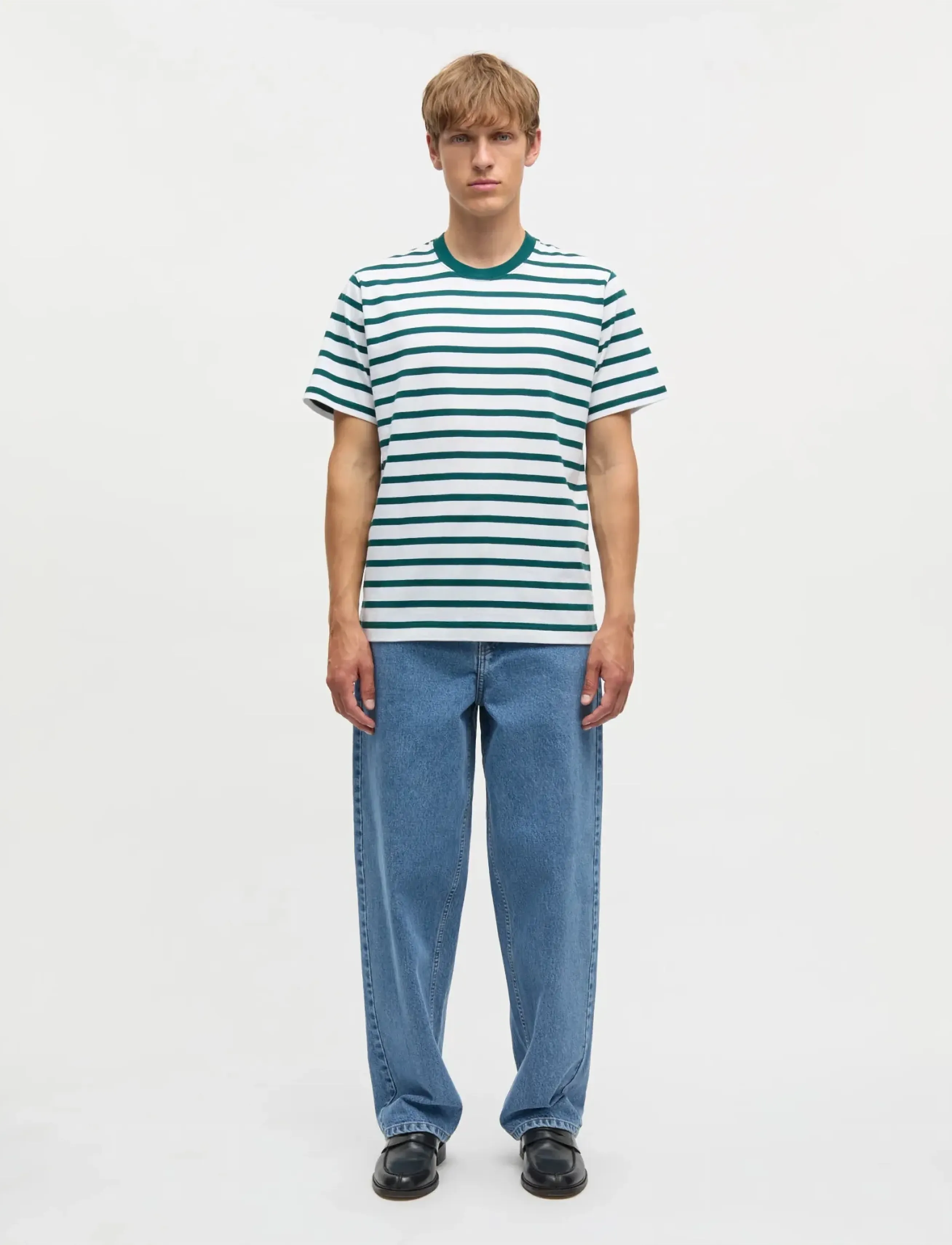 Mads Nørgaard Cotton Jersey Stripe Frode Tee - Tøj - DEEP SEA/WHITE / green