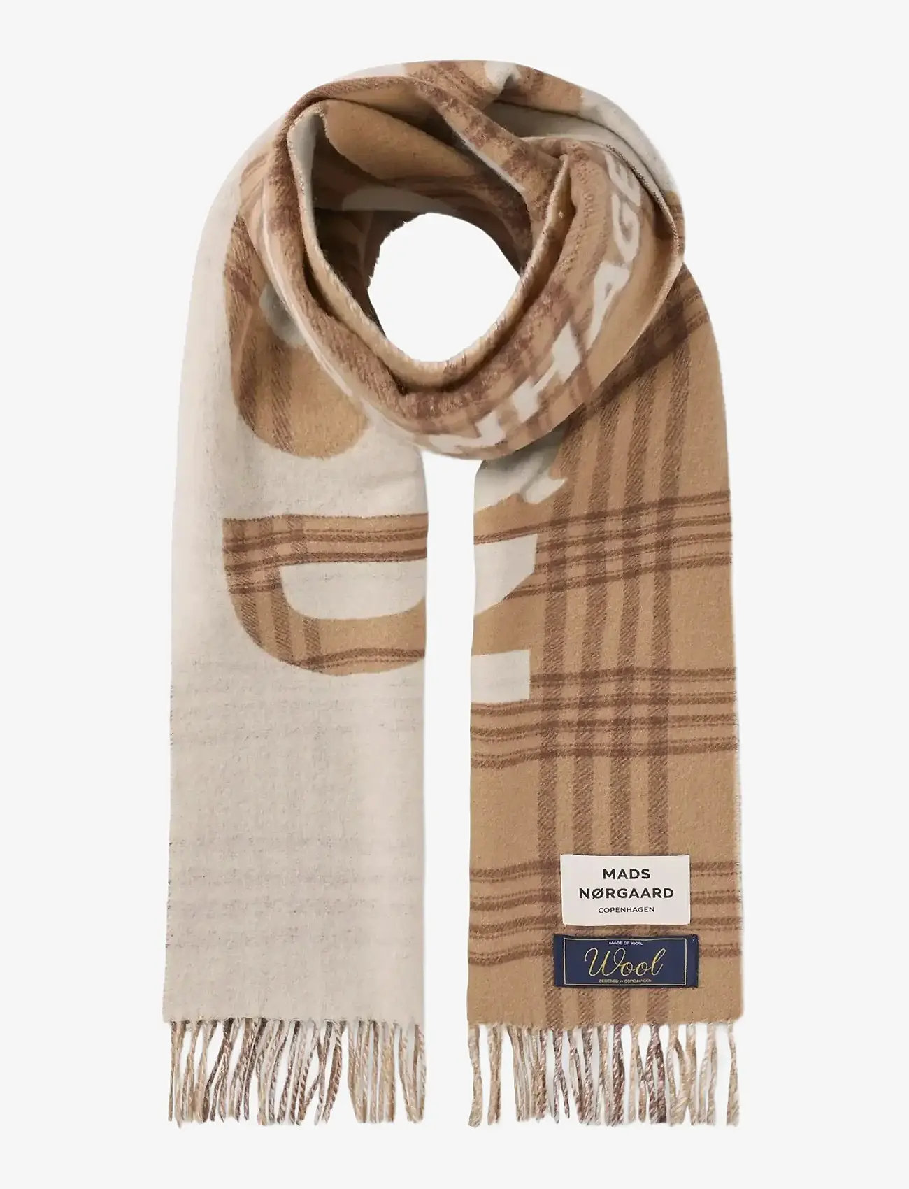 Mads Nørgaard - Woven Wool Logo Scarf - winter scarves - cornstalk/cocoa brown - 1