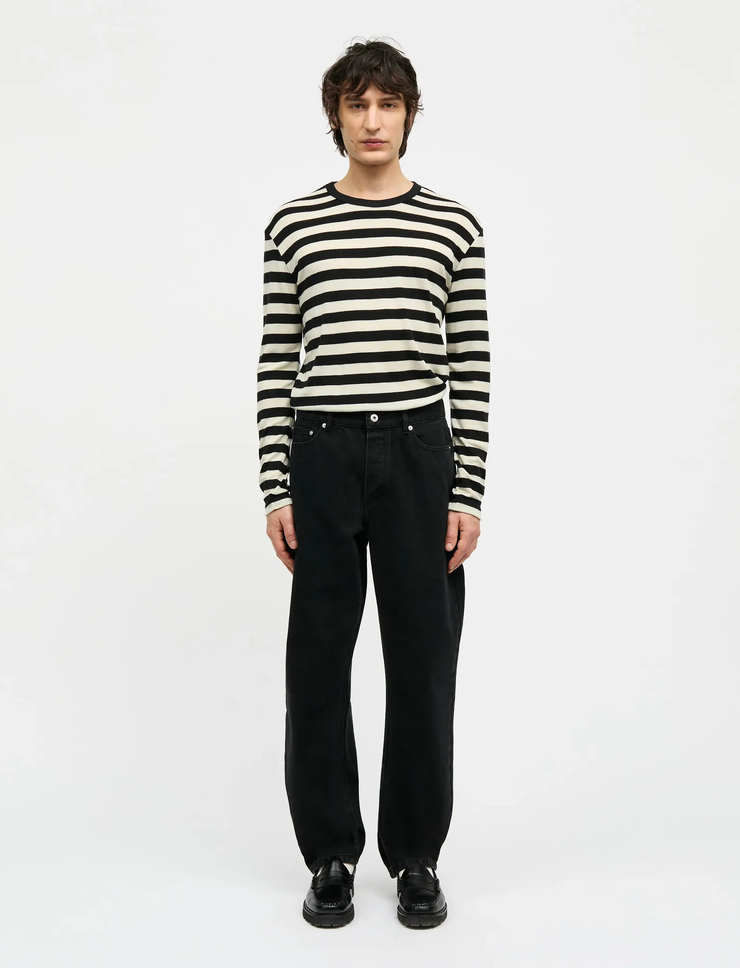 Mads Nørgaard Fine Wool Tobias Knit, Mænd, Langærmet Stribet Strik, Sort, Str: L