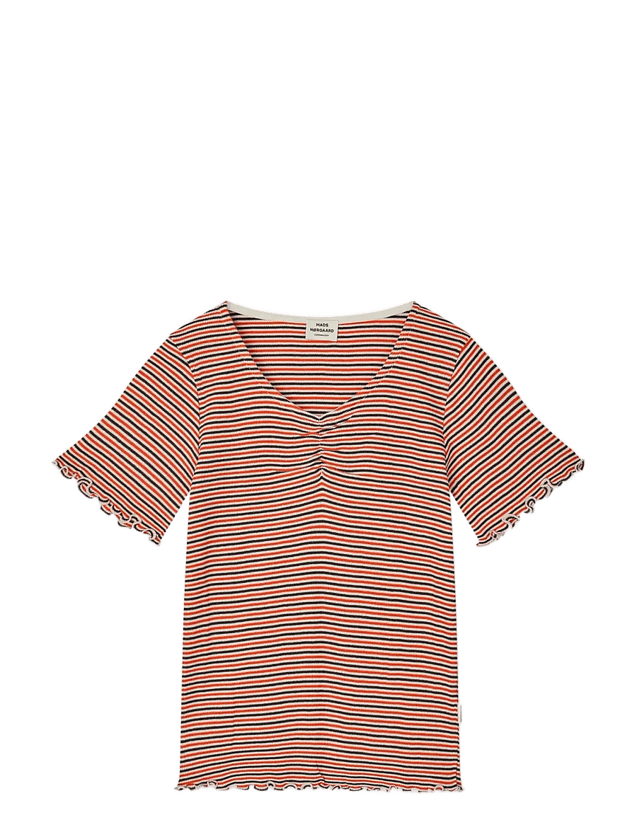 Mads Nørgaard - 2x2 Cotton Stripe Tiki Tee - stutterma bolir - fiery red/vanilla ice - 0