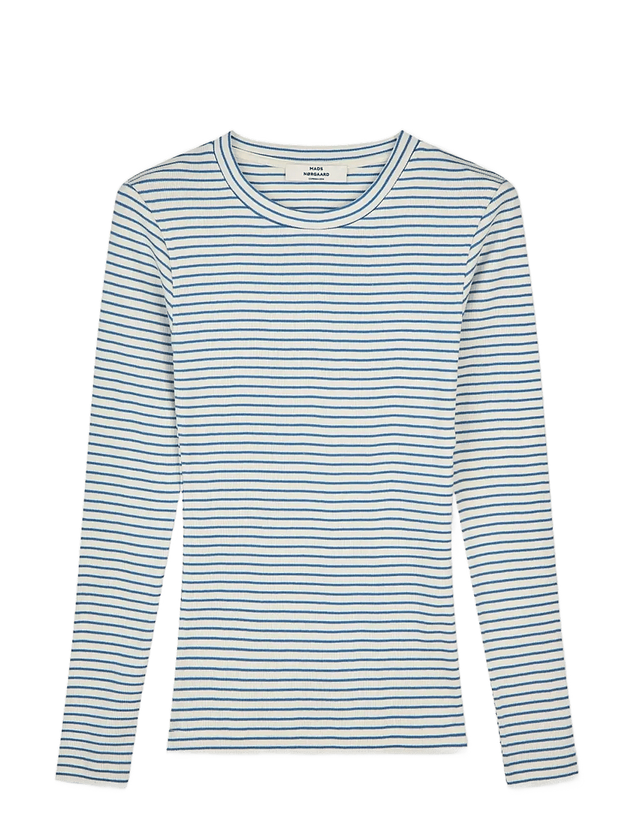 Mads Nørgaard - 2x2 Cotton Stripe Tuba Tee LS - langärmlige tops - vanilla ice/bright cobalt - 1