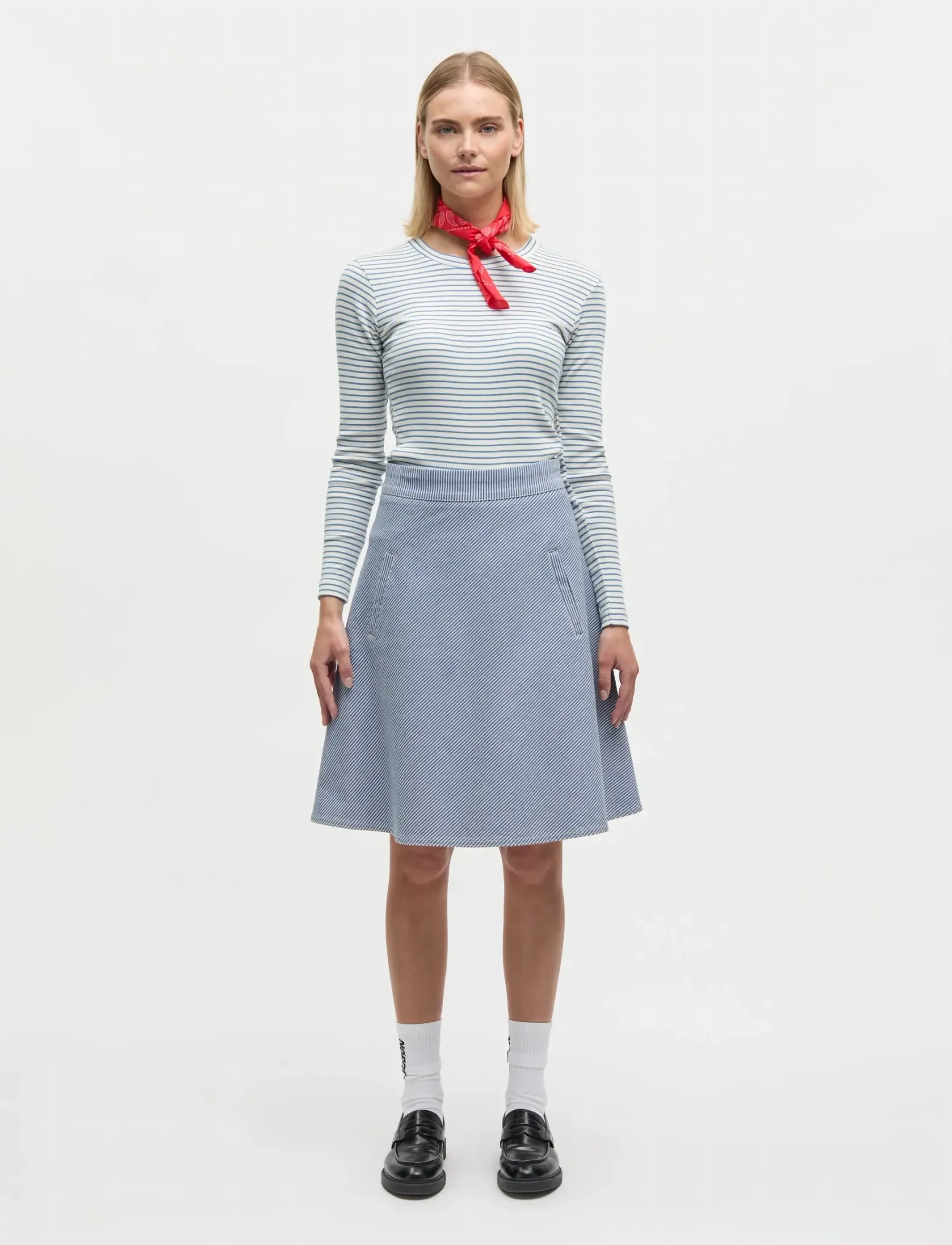 Mads Nørgaard 2x2 Cotton Stripe Tuba Tee LS - T-Shirts & Tops - VANILLA ICE/BRIGHT COBALT / blue