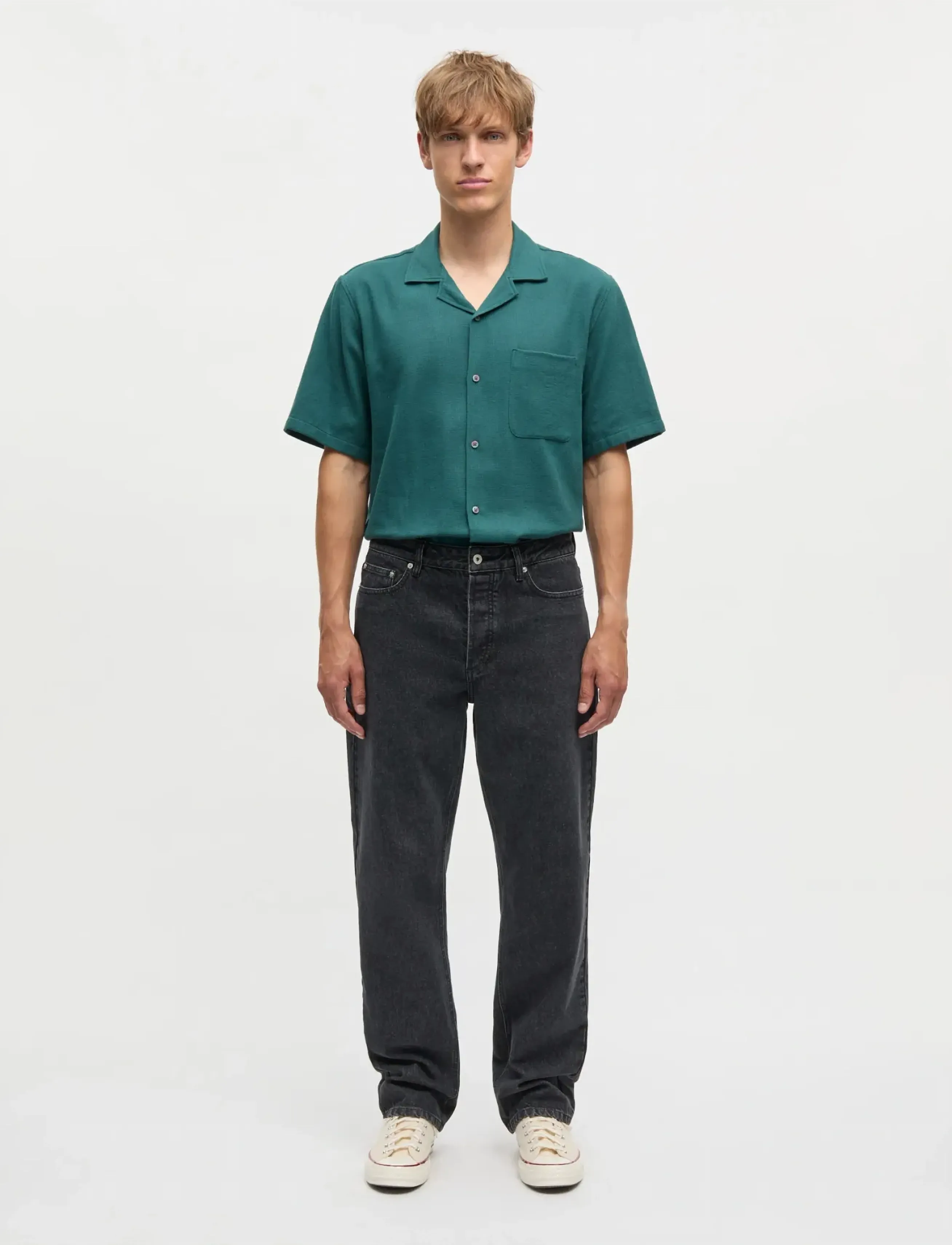 Mads Nørgaard Texture Kenji Shirt Ss, L, Shirts, Grün - Short-sleeved Männerswear