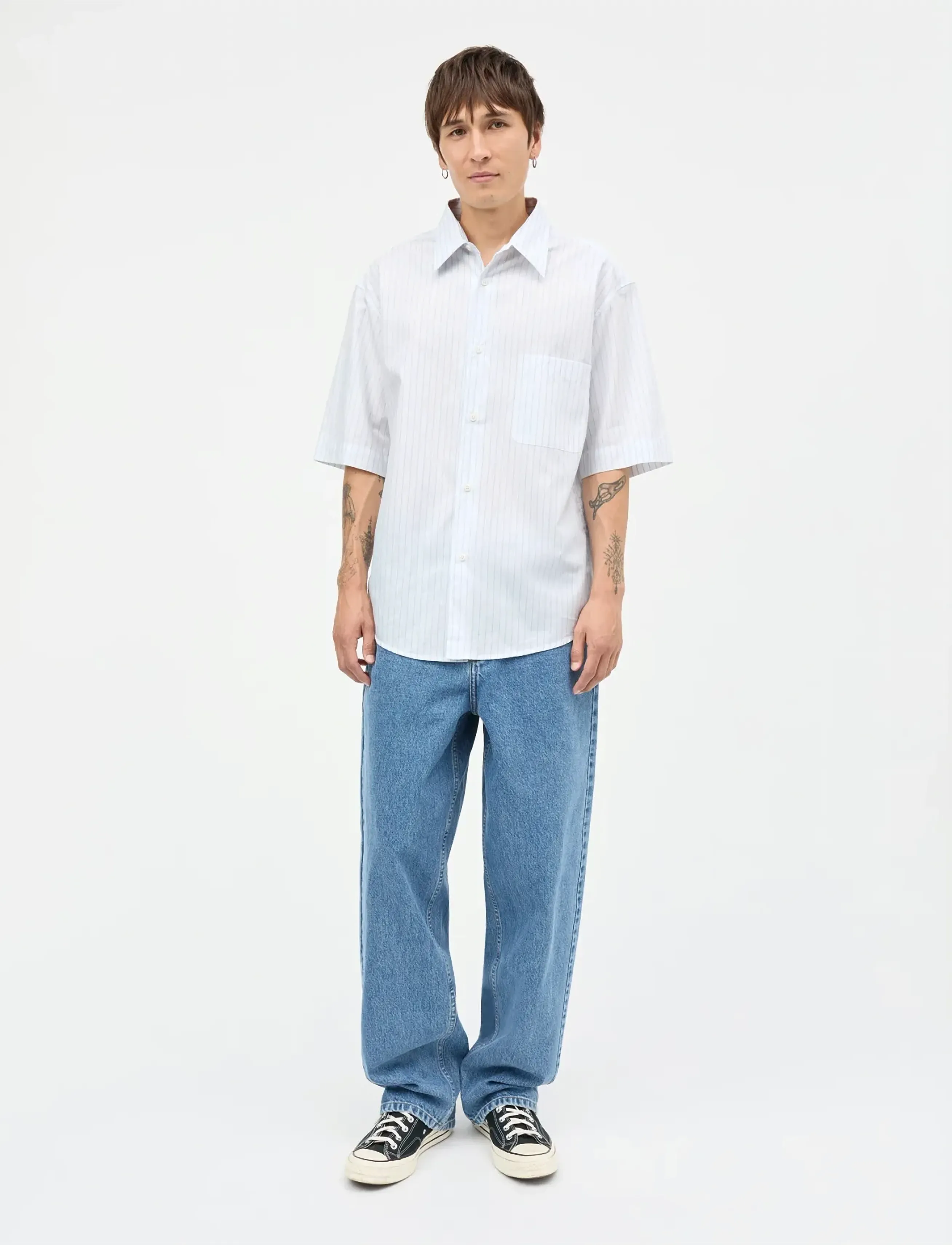 Mads Nørgaard Cotton Soft Oskar Shirt SS - Nyheter - WHITE/BRIGHT COBALT STRIPE / white