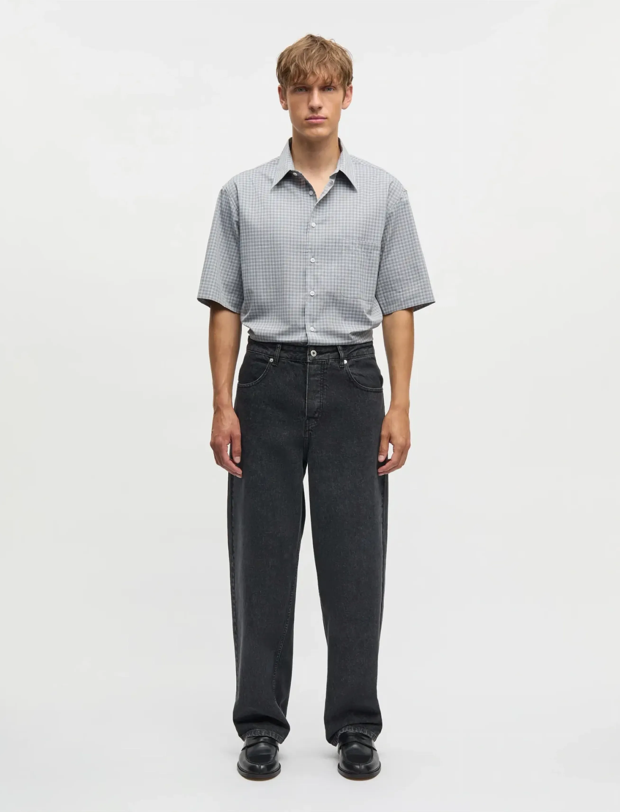 Mads Nørgaard Cotton Soft Oskar Shirt SS - Forårsgarderobe - SKY CAPTAIN CH. / grey