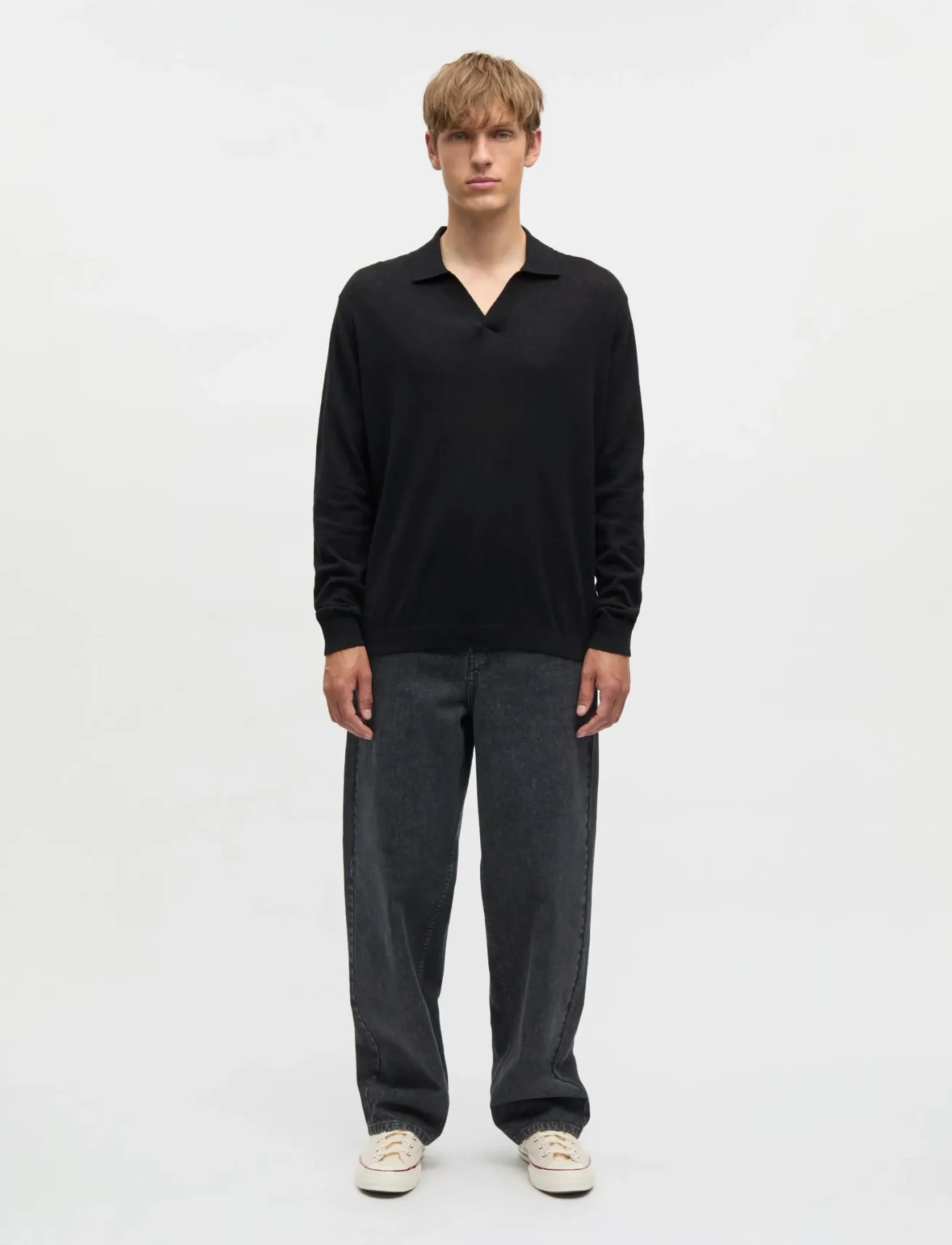 Mads Nørgaard Cotton Lino Theo Polo LS Knit - Säsongens färger - BLACK / black