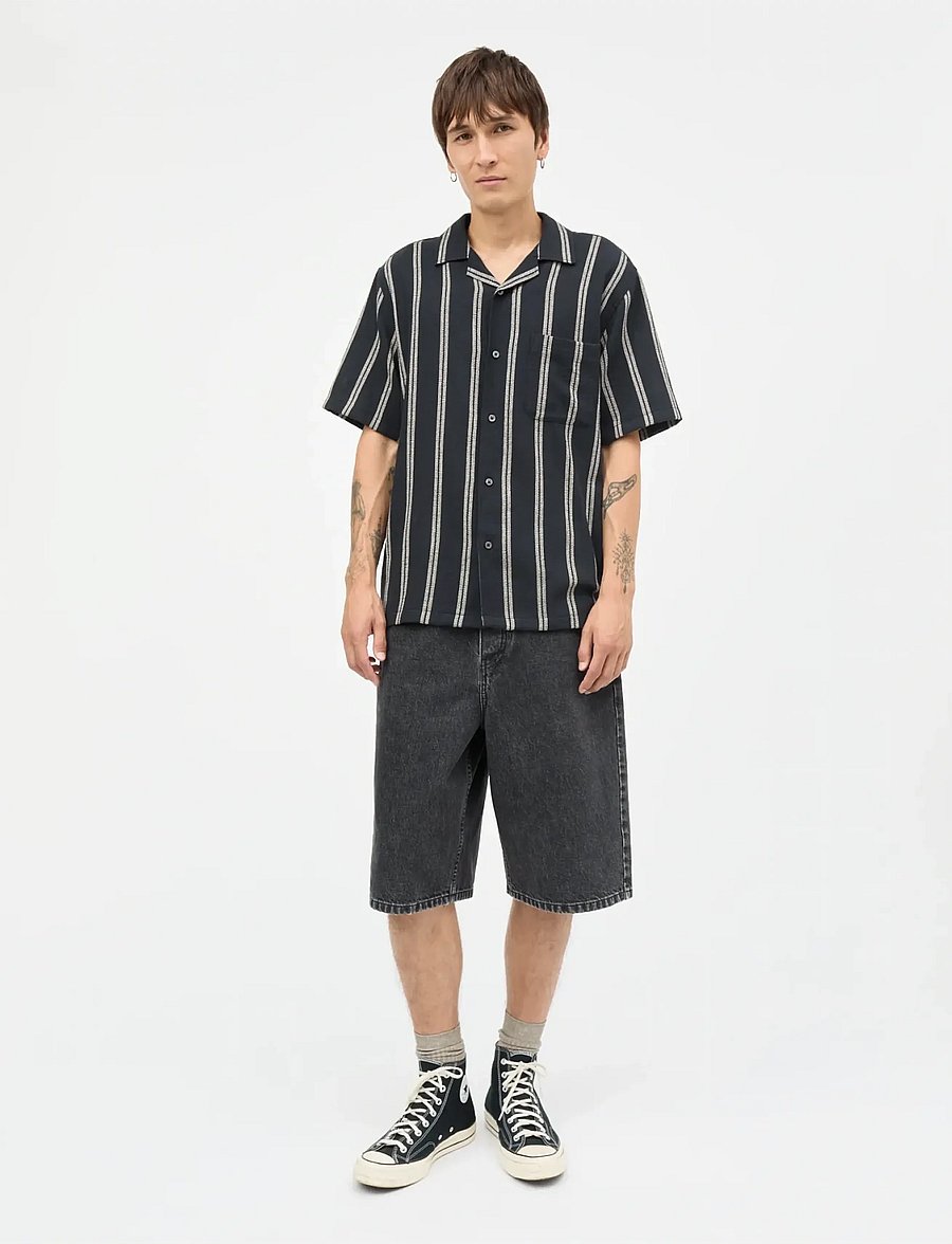 Mads Nørgaard - Texture Kenji Shirt SS ST. - gestreifte hemden - black/plaza taupe - 0