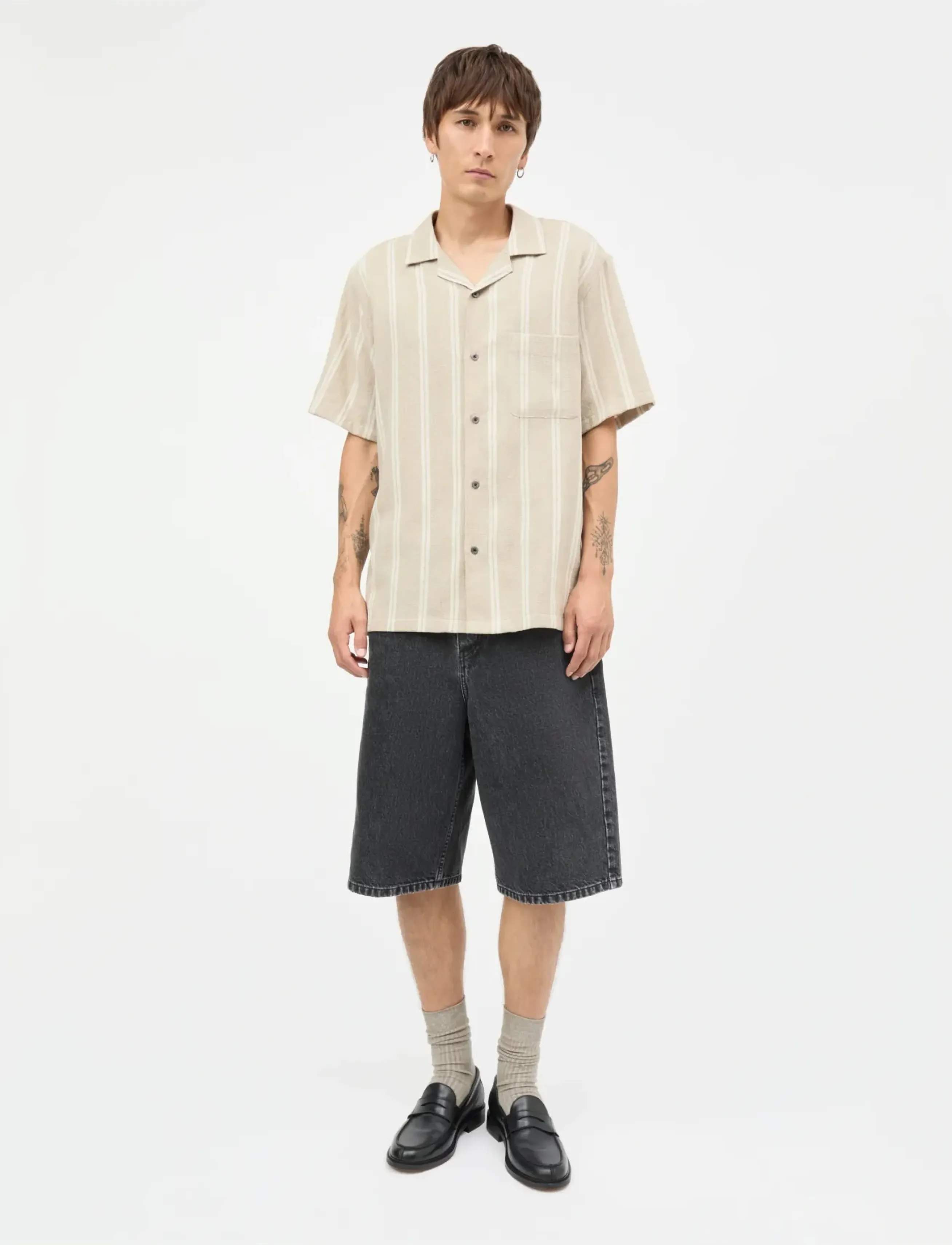 Mads Nørgaard Texture Kenji Shirt SS ST. - Klær - PLAZA TAUPE/VANILLA ICE / beige