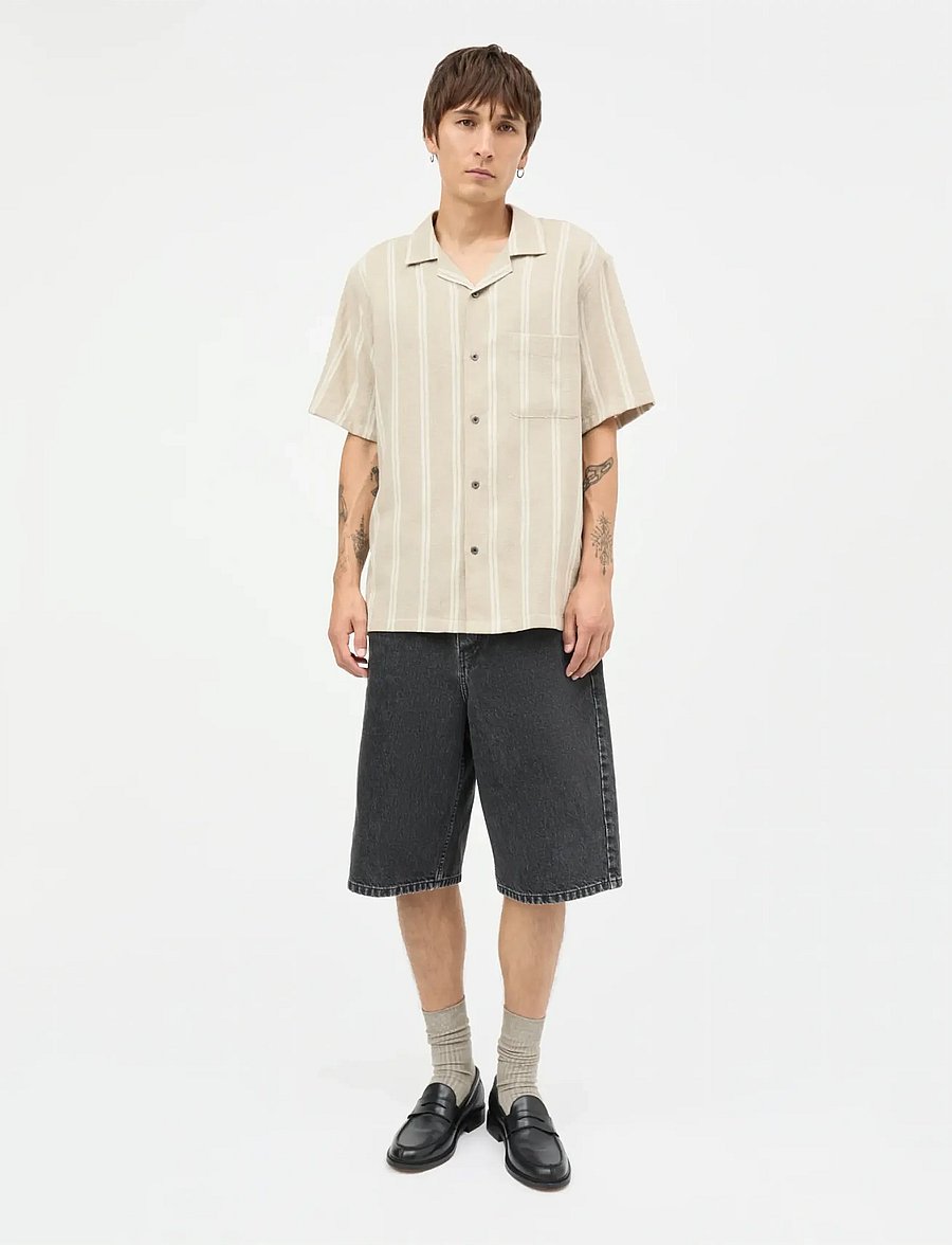 Mads Nørgaard - Texture Kenji Shirt SS ST. - randiga skjortor - plaza taupe/vanilla ice - 0