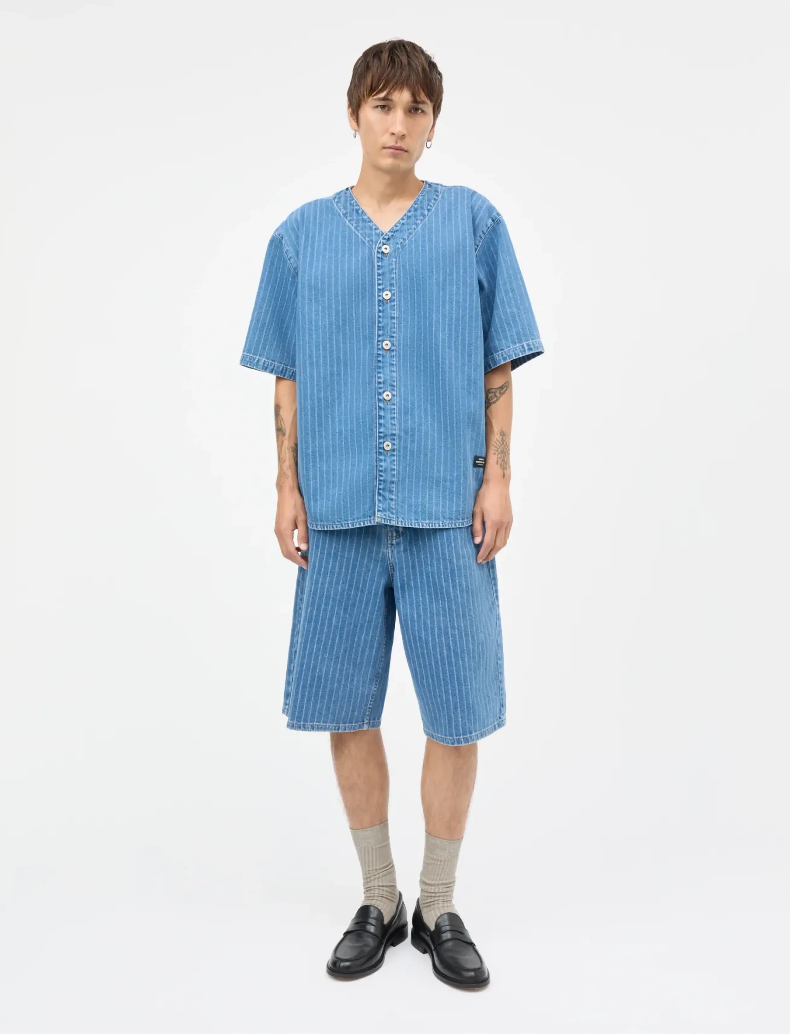 Mads Nørgaard Striped Denim Hannes Shorts - Shorts - LIGHT BLUE WASH / blue