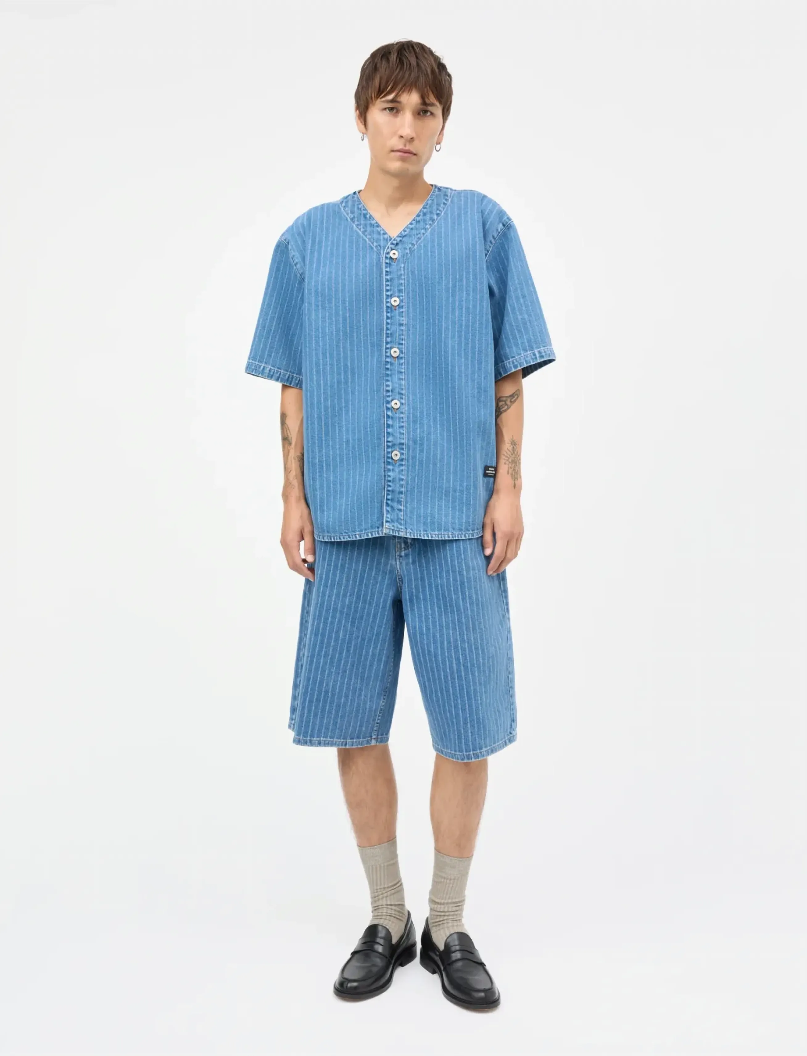 Mads Nørgaard Striped Denim Paradise Shirt, M, Blue, Skjorter > Kortærmede Shirts, Herre