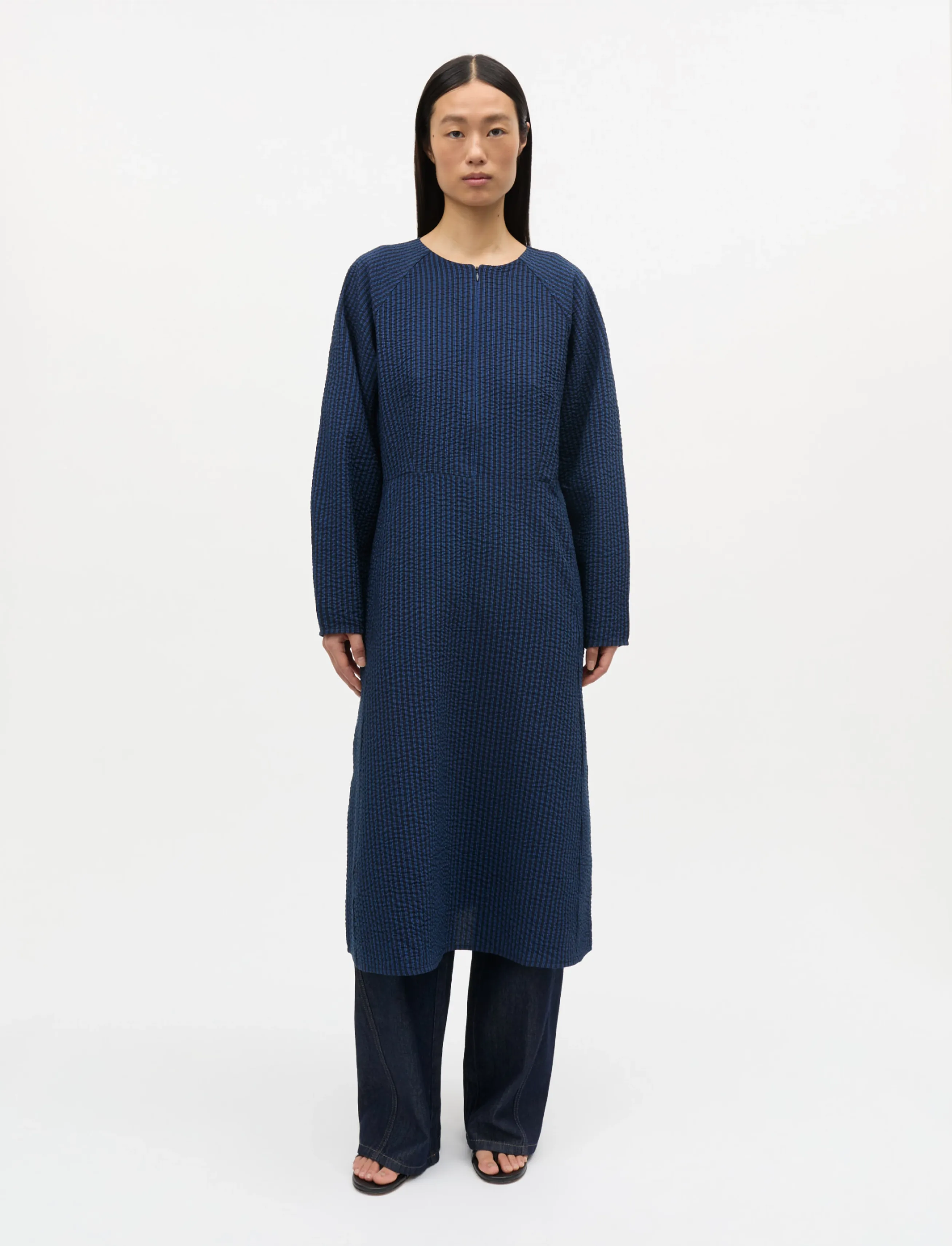 Mads Nørgaard Soft Crease Edel Dress, Kvinder, Stribet Midi Kjole, Navy, Str: 42