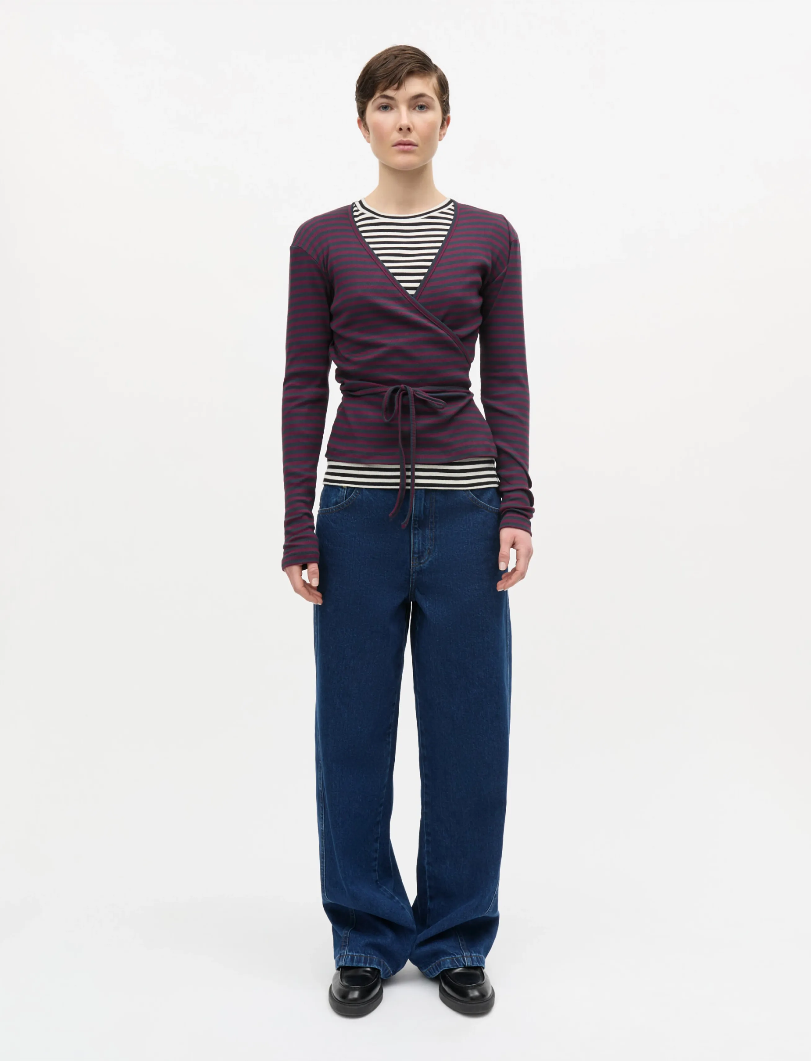 Mads Nørgaard 2x2 Cotton Stripe Susi LS Top - Langärmlige Tops - SKY CAPTAIN/WINETASTING / burgundy