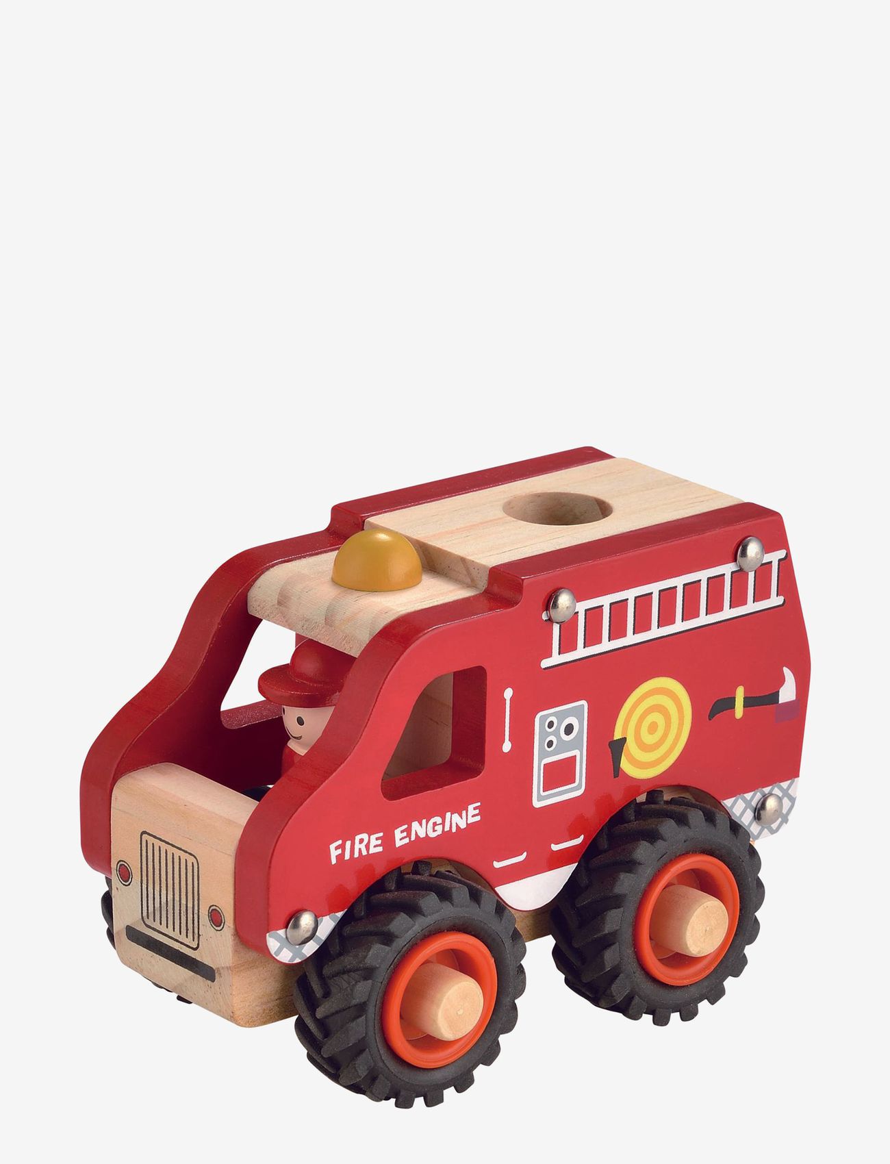 Magni Toys - Wooden fire engine with rubber wheels - brandbiler - red - 0