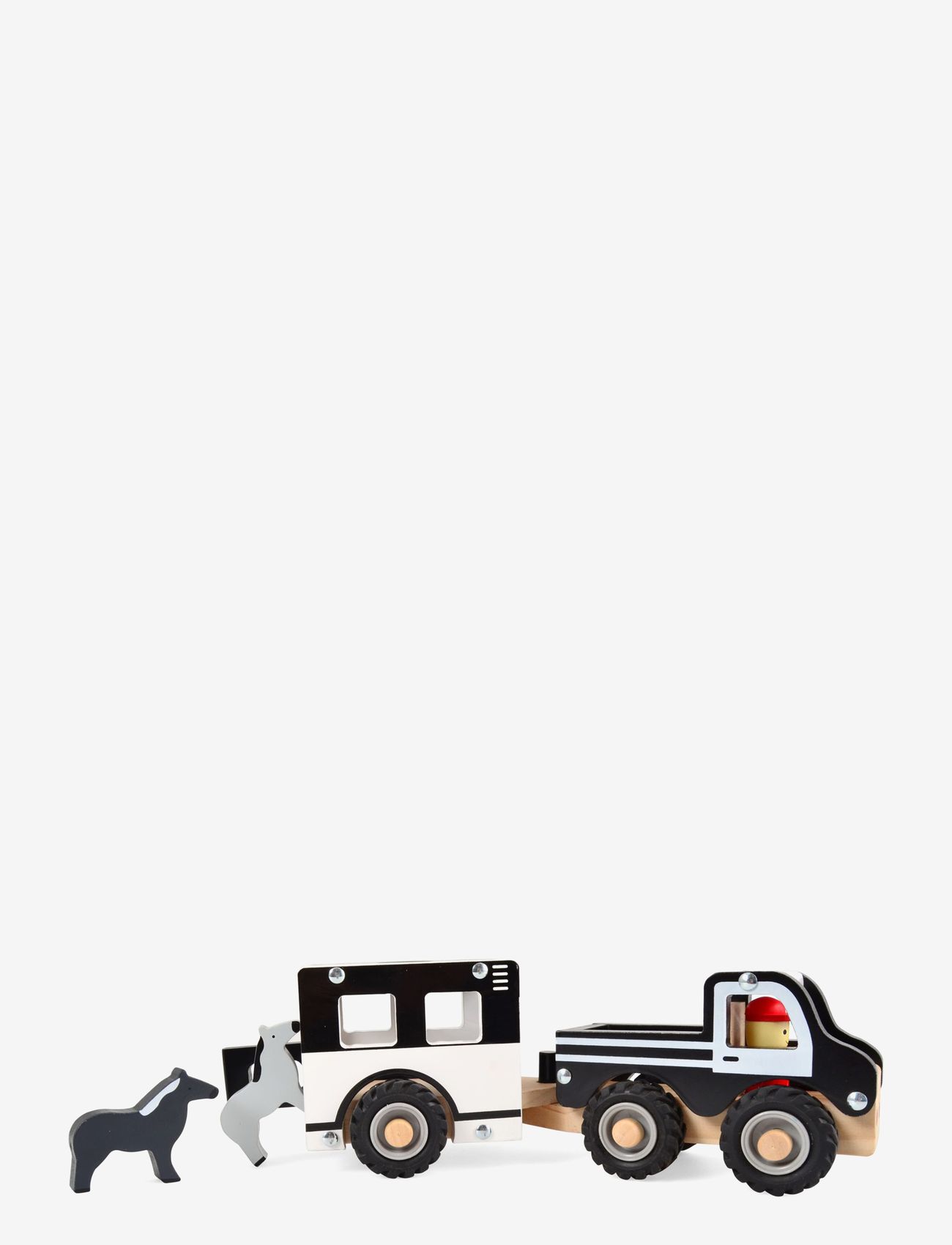 Magni Toys - Wooden car with horse trailer and horses, rubber wheels - de laveste prisene - black/white/gray - 0