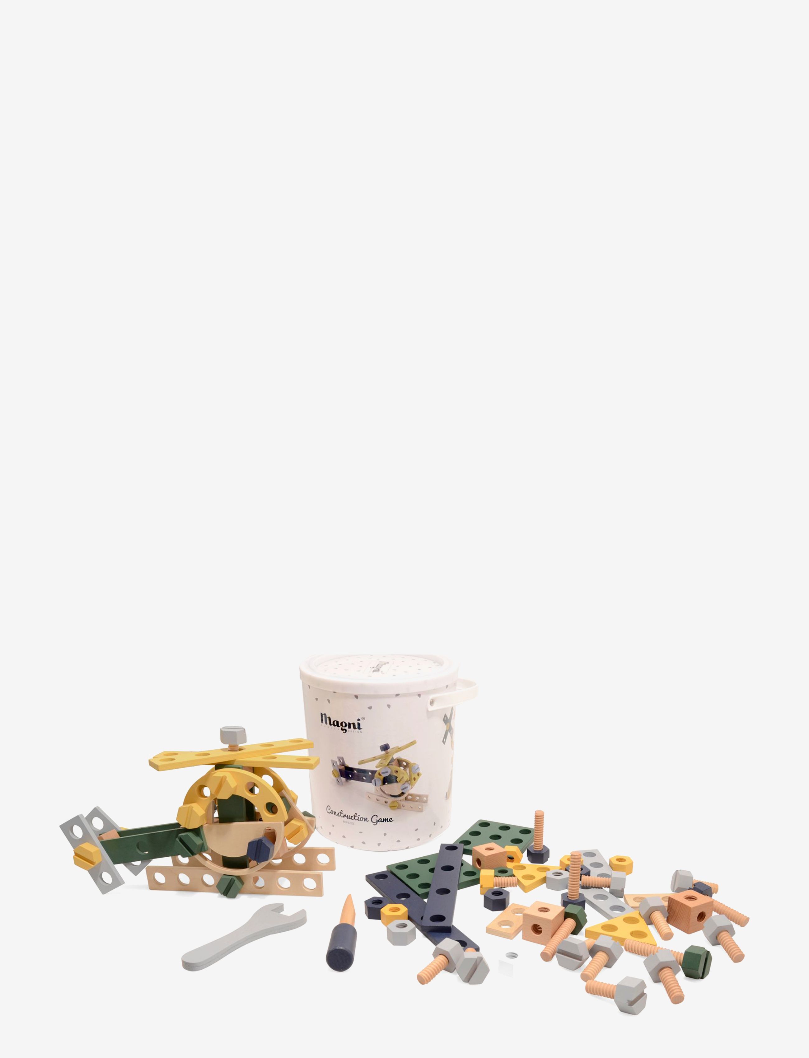 Magni Toys Wooden construction set in bucket - Legetøj - GREEN/YELLOW/GRAY / multi