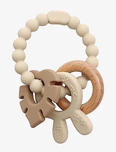 Teether bracelet, silicone with wooden ring, leaves and bunny-ears appendix. Beige, LFBG approved, Magni Toys