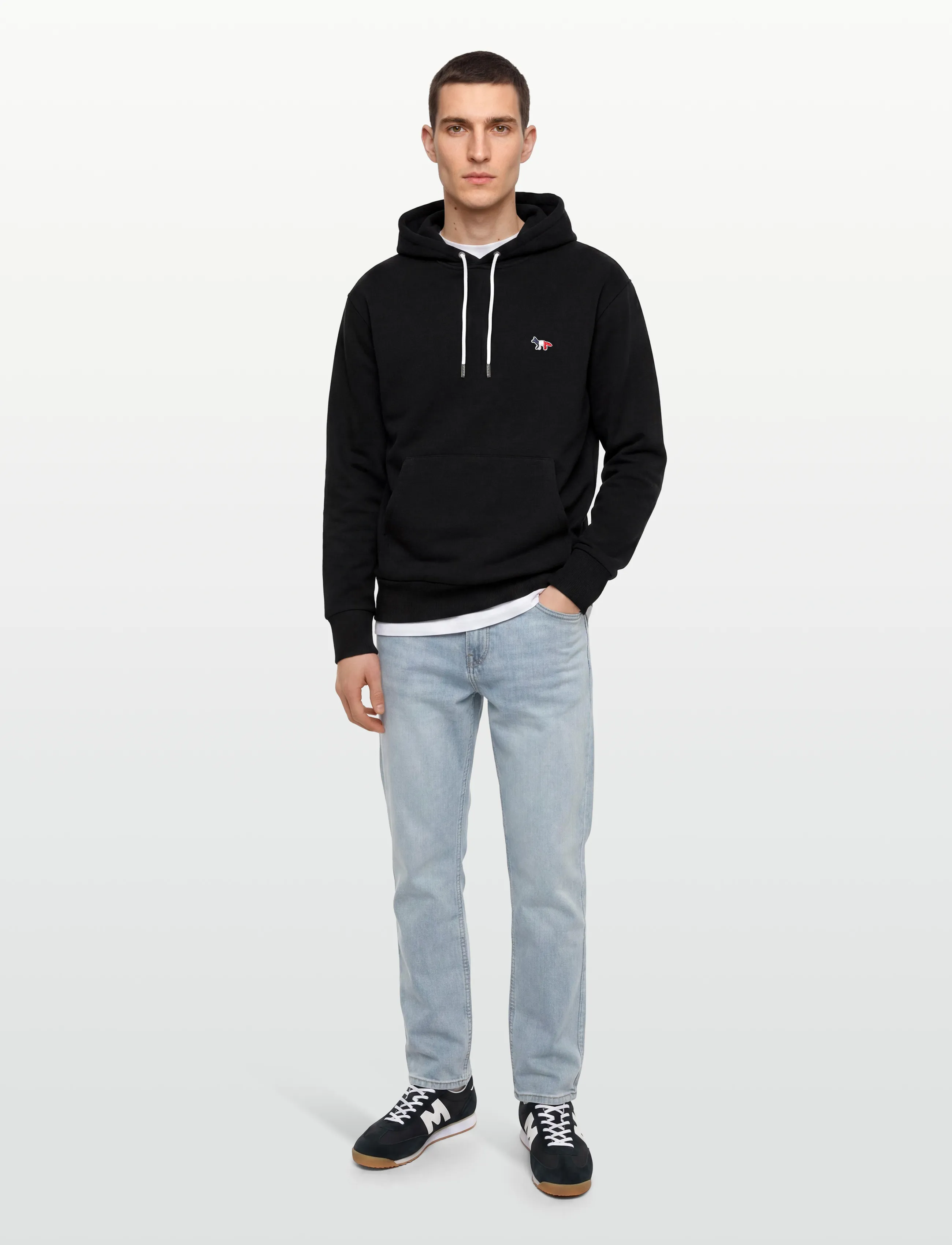 Maison Kitsune Tricolor Fox Patch Classic Hoodie, Ræve Patch Hættetrøje, Sort, Str: L