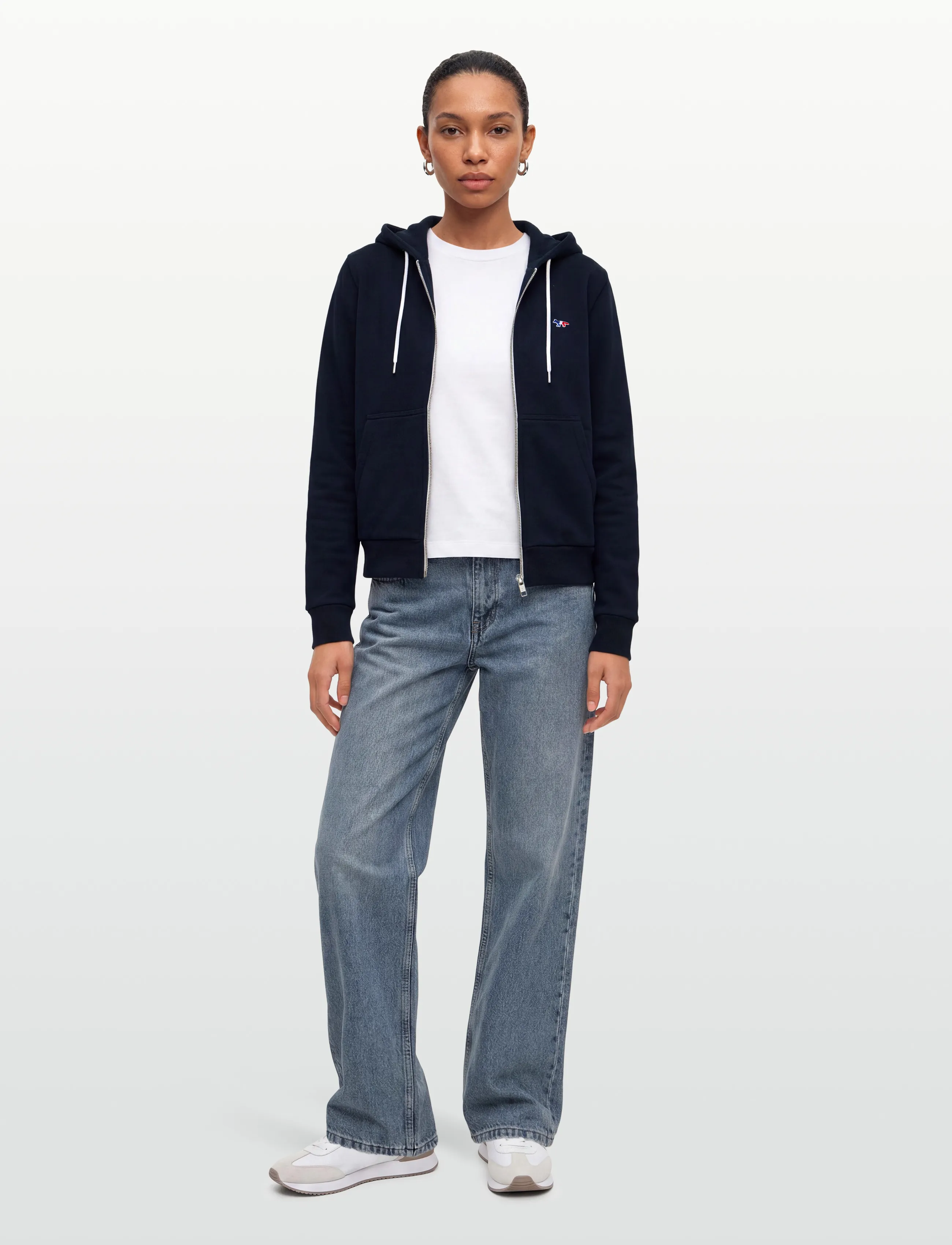Maison Kitsune Tricolor Fox Patch Zip Hoodie, S, Sweatshirts & Hoodies, Marineblau - Frauen