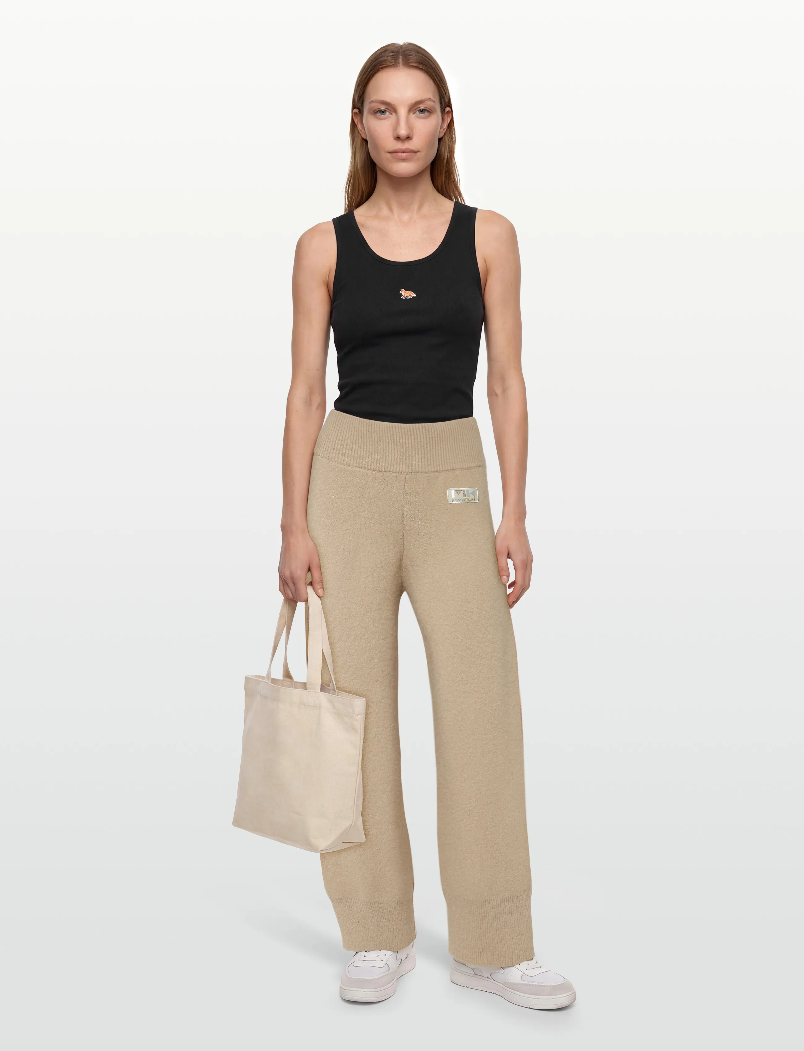 Maison Kitsune Two-Tone Knitted Pants, L, Trousers, Beige - Culottes, Frauen