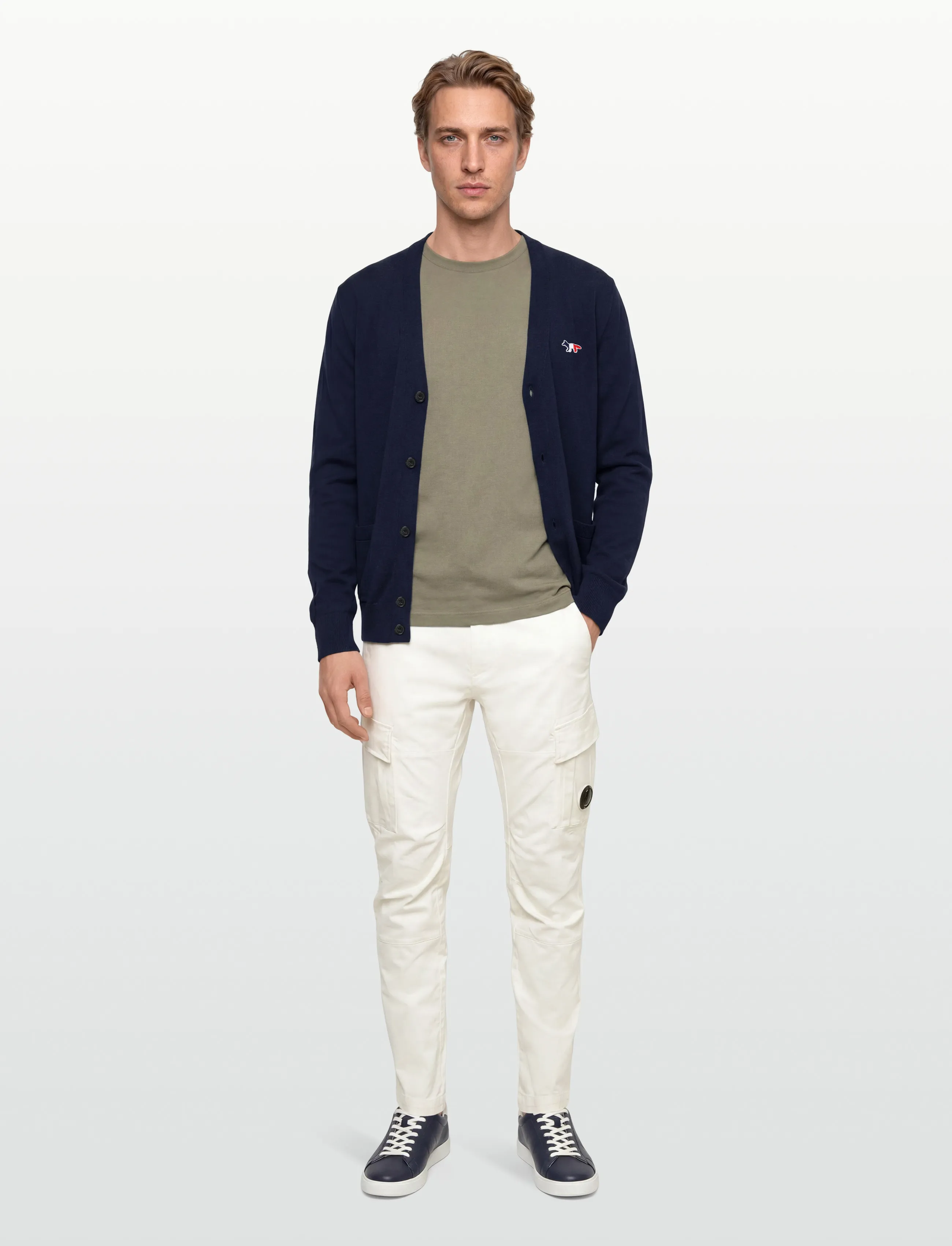Maison Kitsune Tricolor Fox Patch Classic Cardigan, M, Knitwear, Marineblau - Cardigans, Männerswear