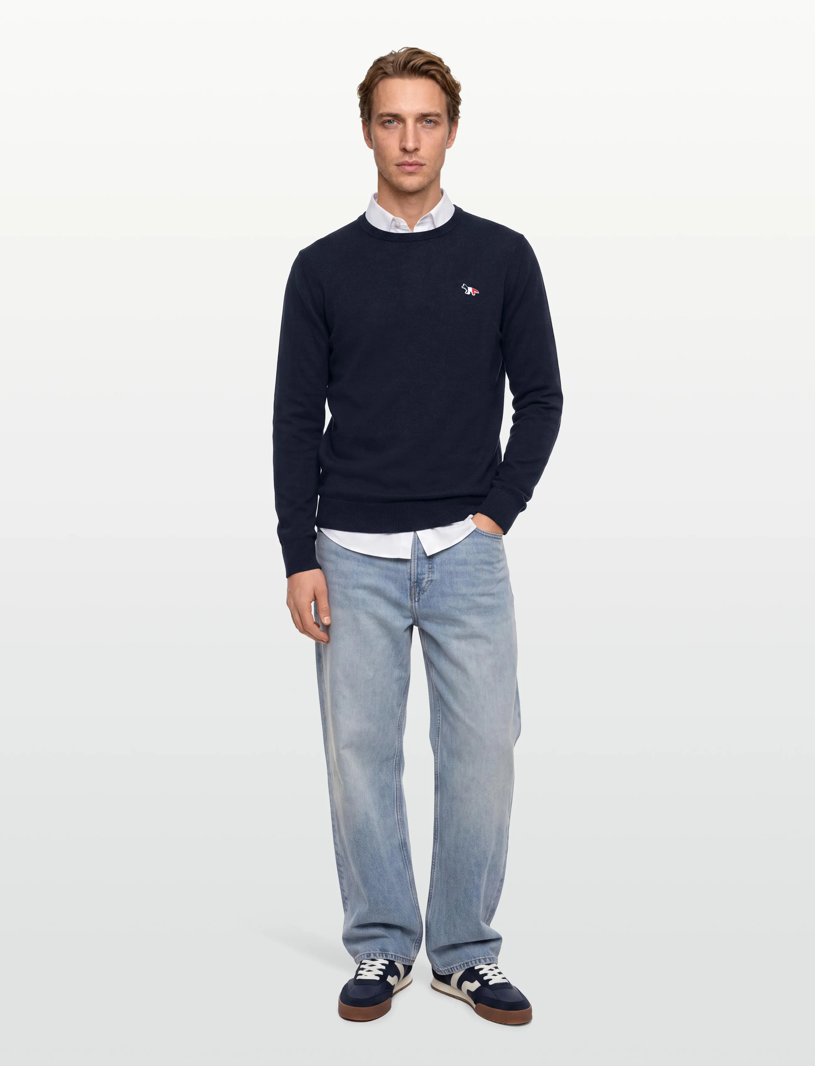 Maison Kitsune Tricolor Fox Patch Classic R-Neck Jumper, M, Knitwear, Marineblau - Round Necks, Männerswear