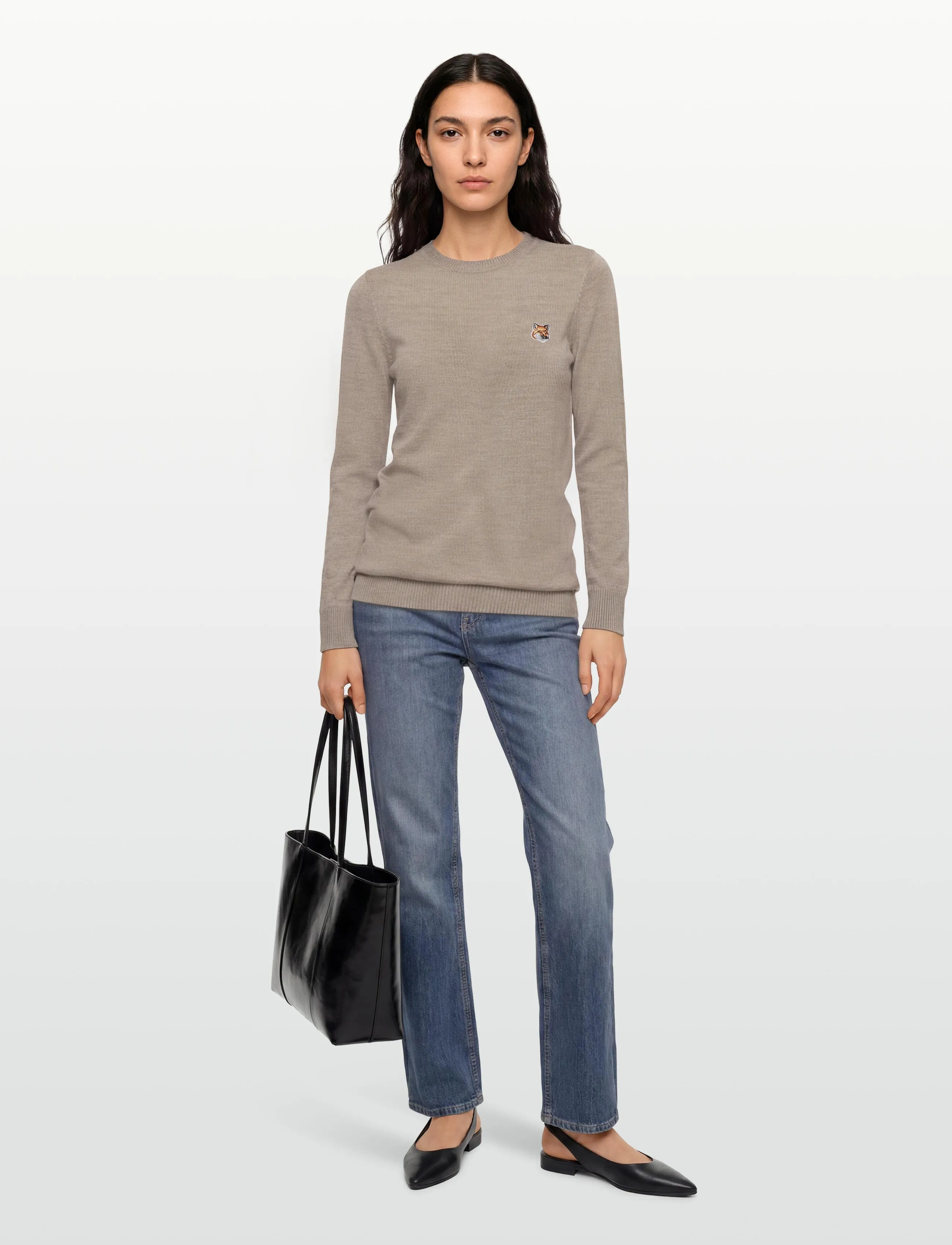 Maison Kitsune - MERINOS R-NECK PULLOVER FOX HEAD PATCH - striktrøjer - beige melange - 0
