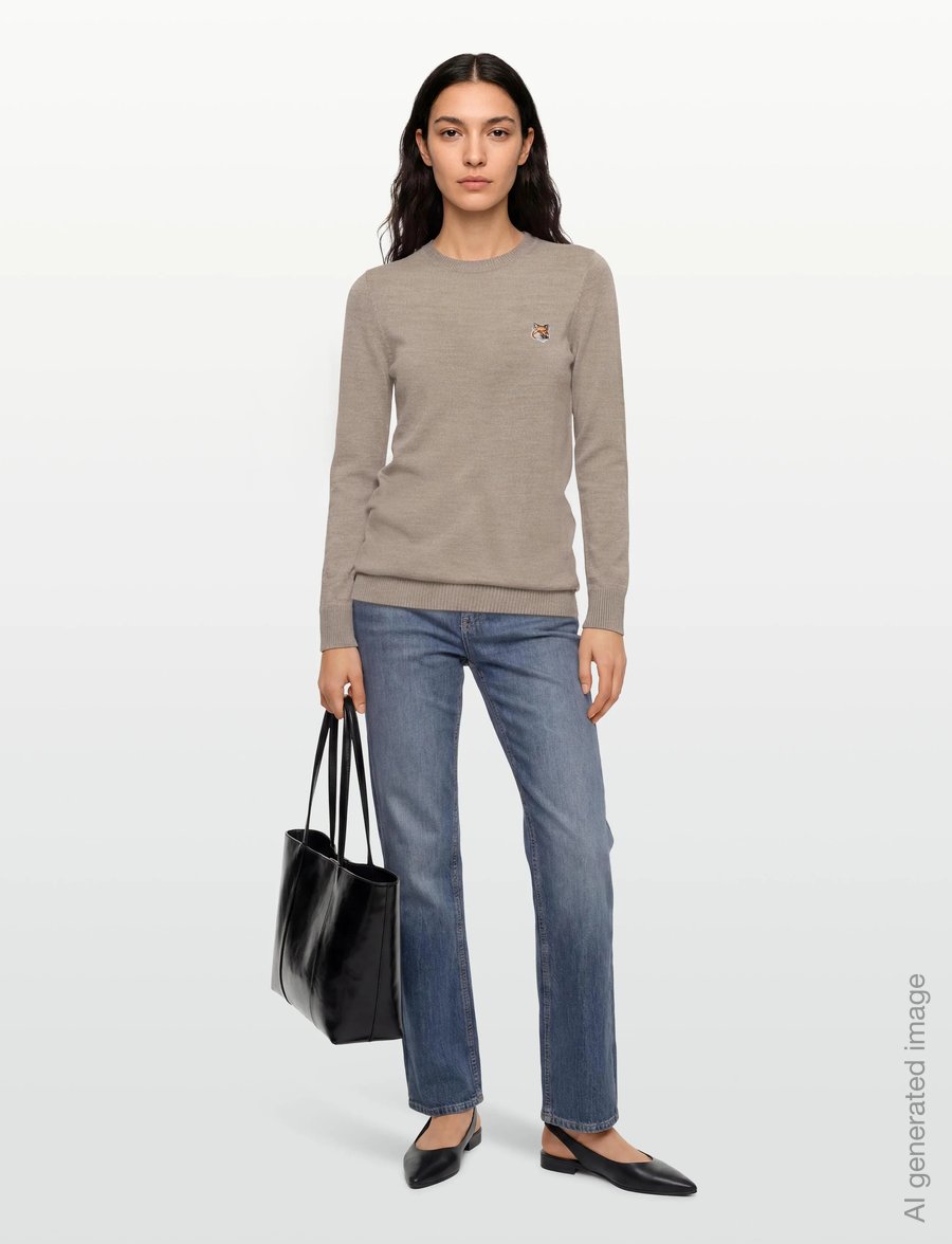 Maison Kitsune - MERINOS R-NECK PULLOVER FOX HEAD PATCH - pullover - beige melange - 0