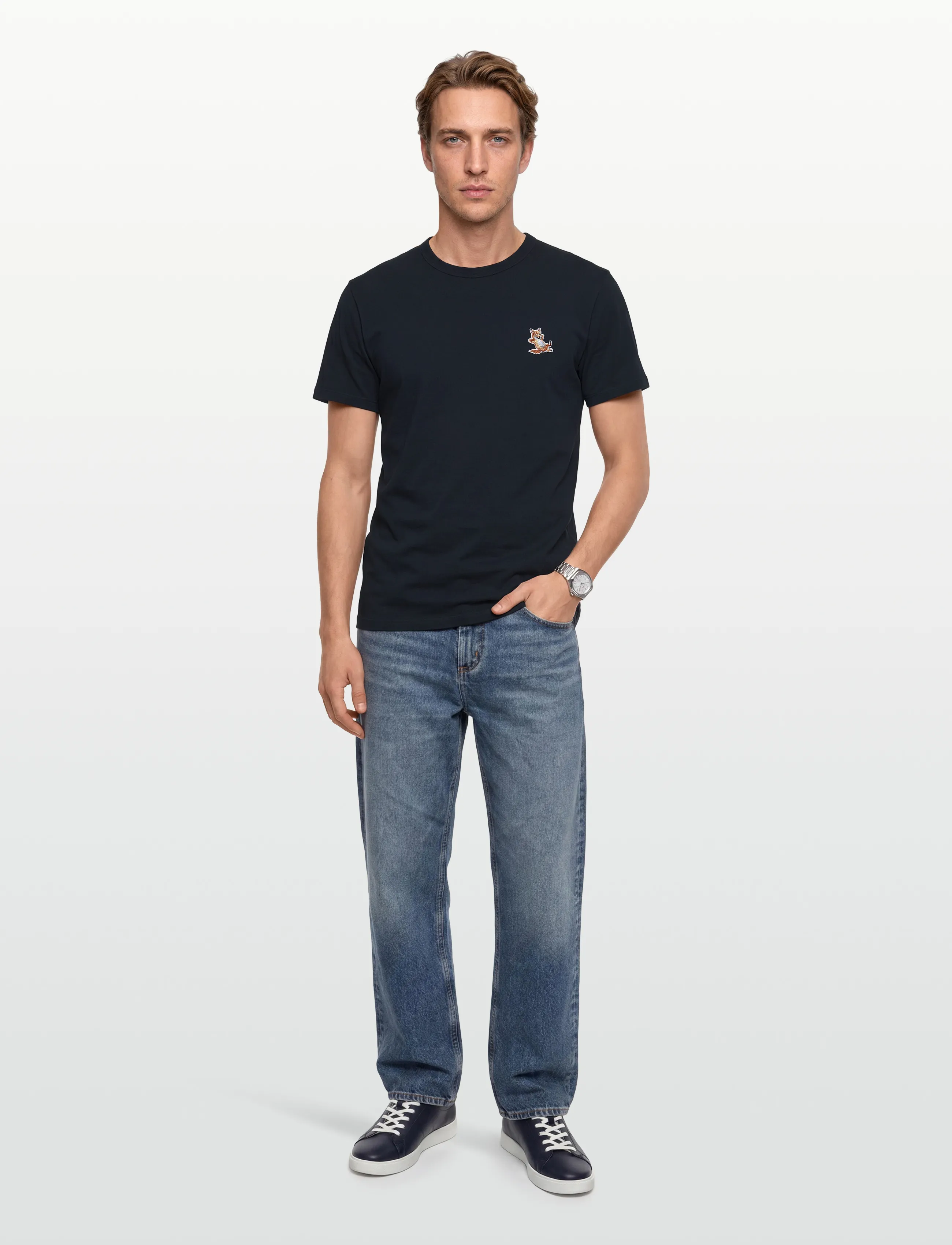 Maison Kitsune Chillax Fox Patch Classic Tee-Shirt, Mænd, Ræve Patch T-Shirt, Navy, Str: L
