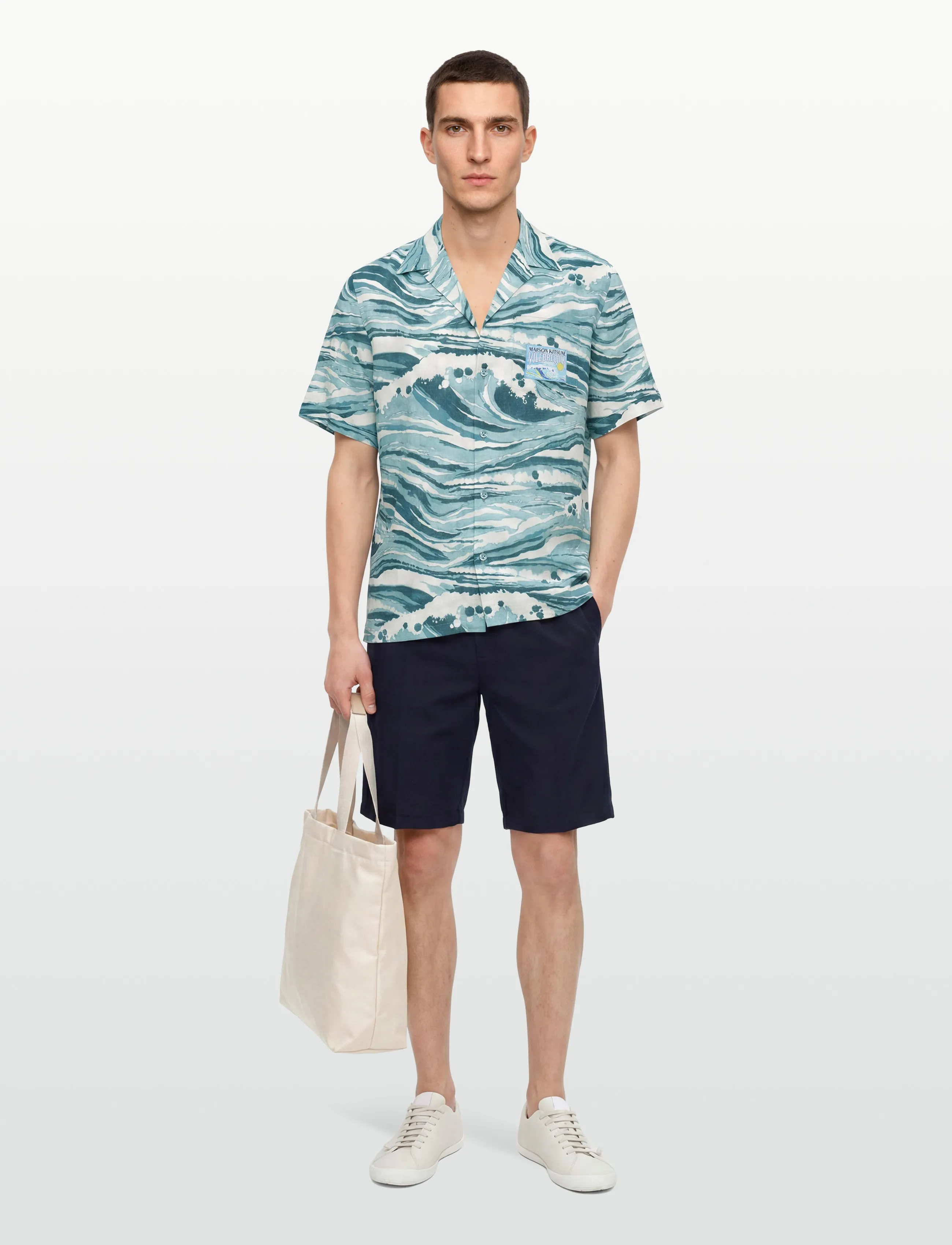 Maison Kitsune X Vilebrequin Charli Shirt, Mænd, Camp Collar Skjorte, Blå, Str: L