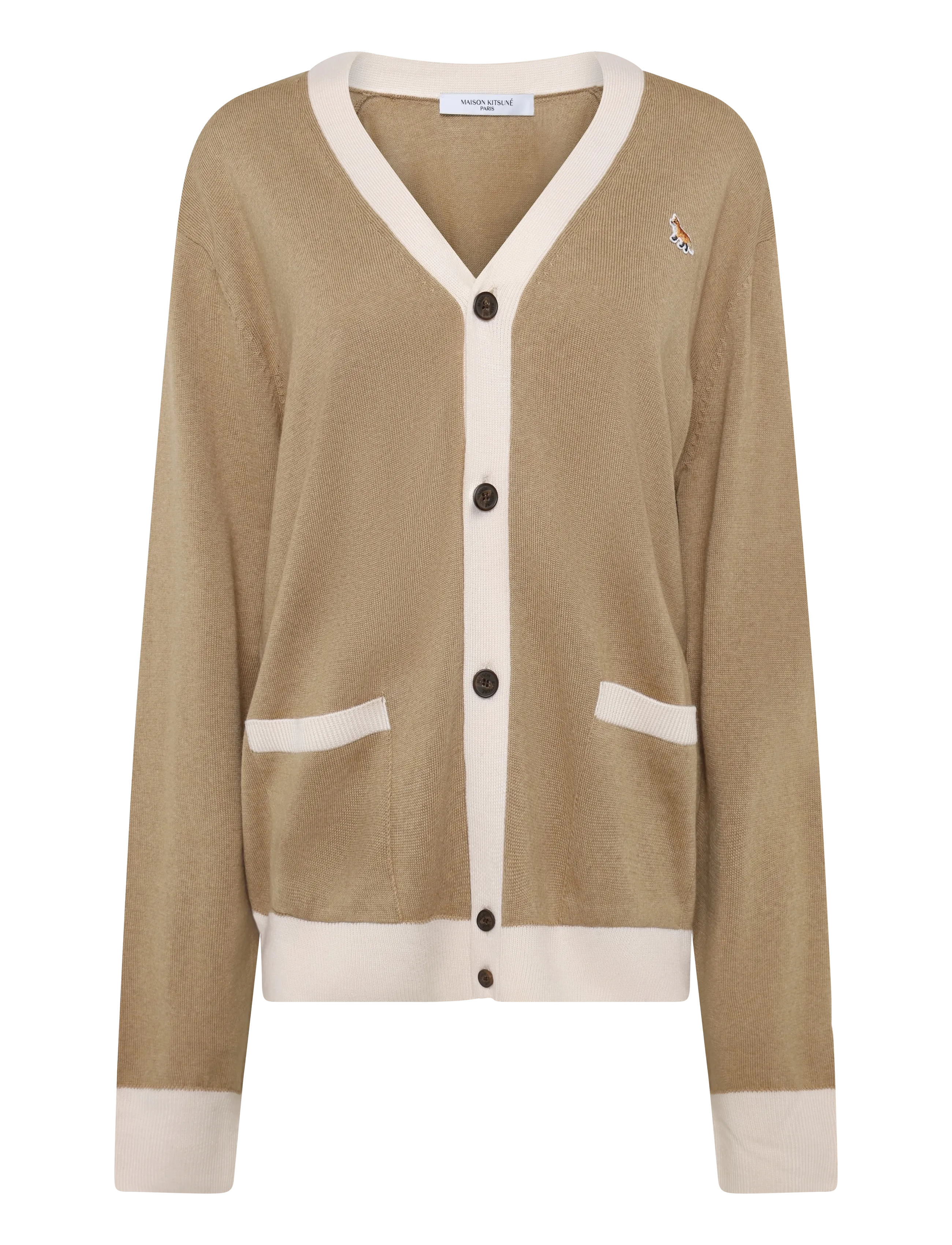 Maison Kitsune Baby Fox Patch Bi-Color Classic Cardigan, XS, Knitwear, Beige - Cardigans, Männerswear