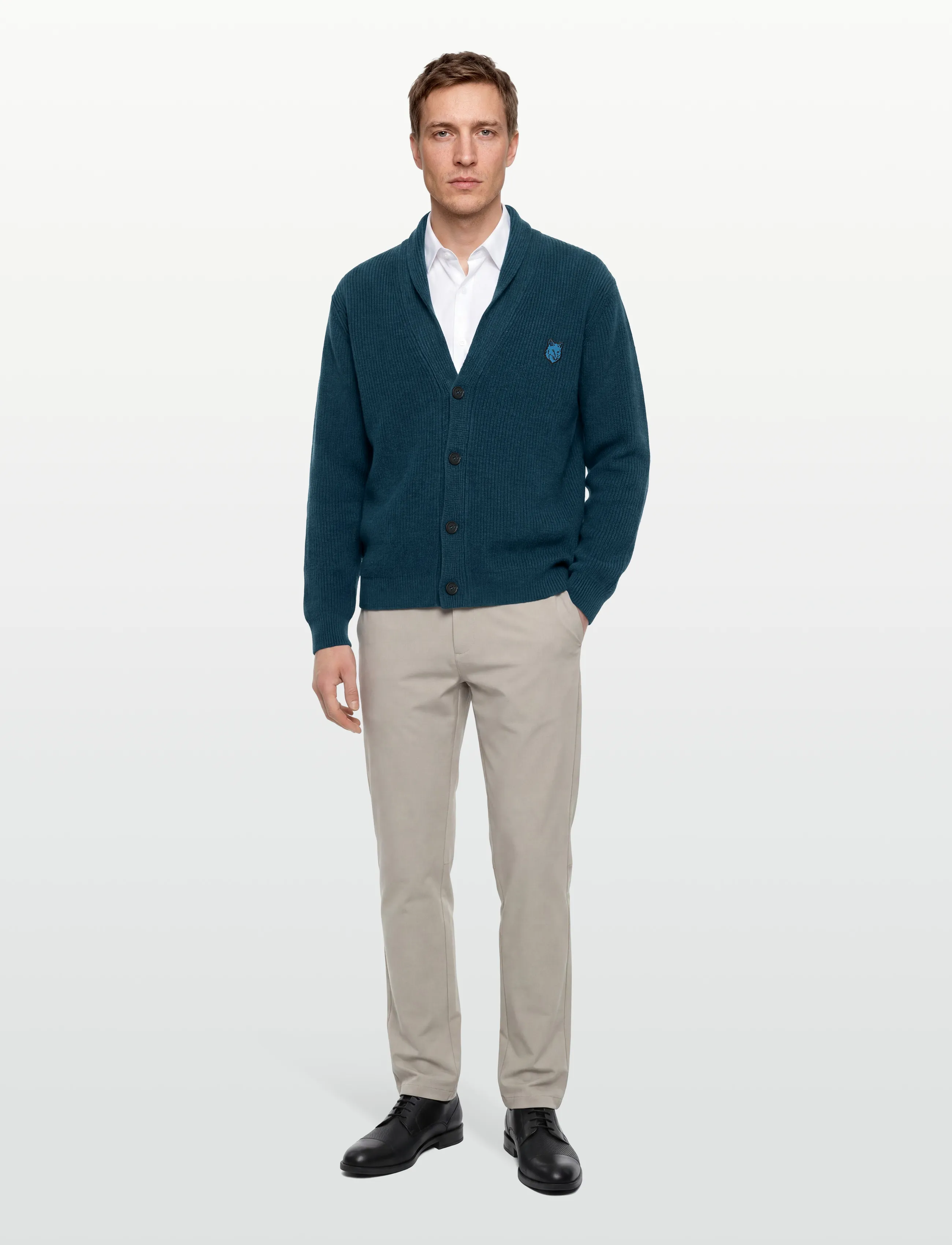 Maison Kitsune Bold Fox Head Patch Comfort Ribbed Cardigan, L, Knitwear, Blau - Cardigans, Männerswear