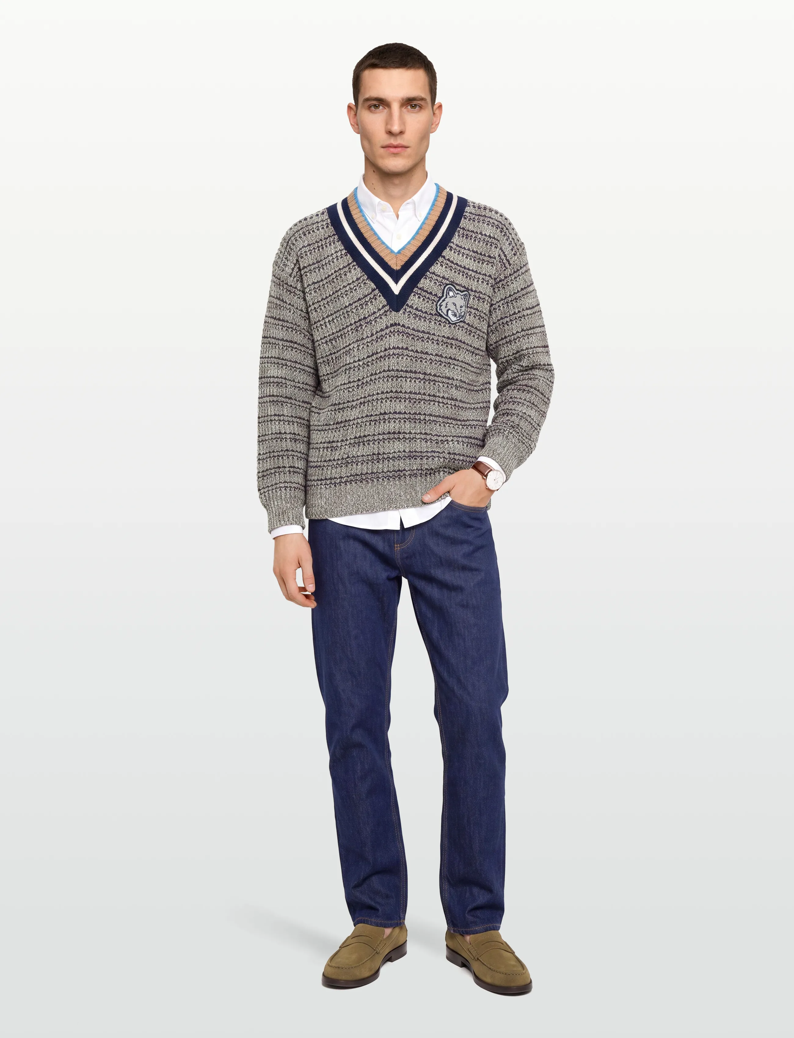 Maison Kitsune - BOLD FOX HEAD CRAFTY COMFORT JUMPER - v-kaelusega - black/white/beige - 0