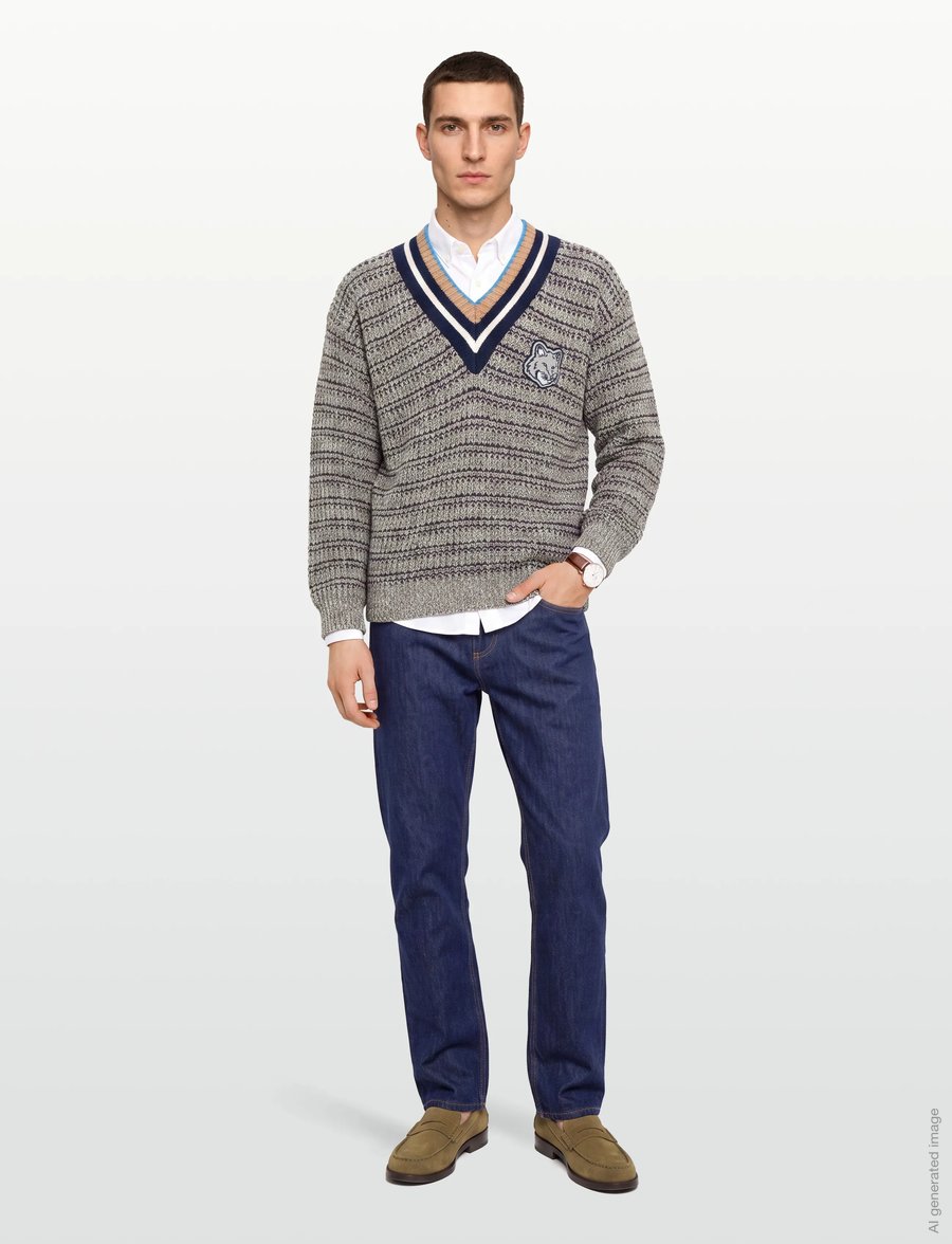 Maison Kitsune - BOLD FOX HEAD CRAFTY COMFORT JUMPER - v-kaelusega - black/white/beige - 0
