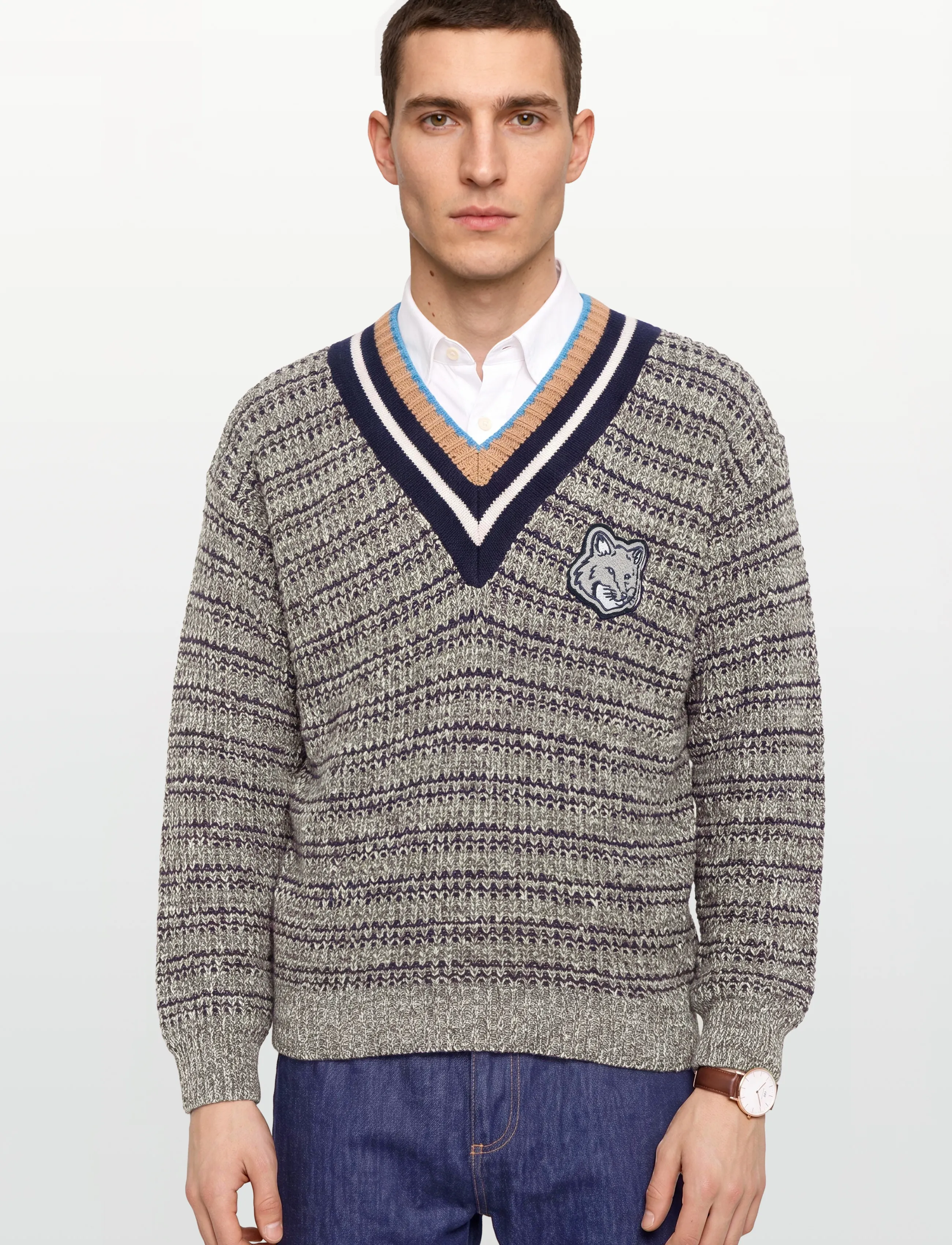 Maison Kitsune - BOLD FOX HEAD CRAFTY COMFORT JUMPER - v-kaelusega - black/white/beige - 3