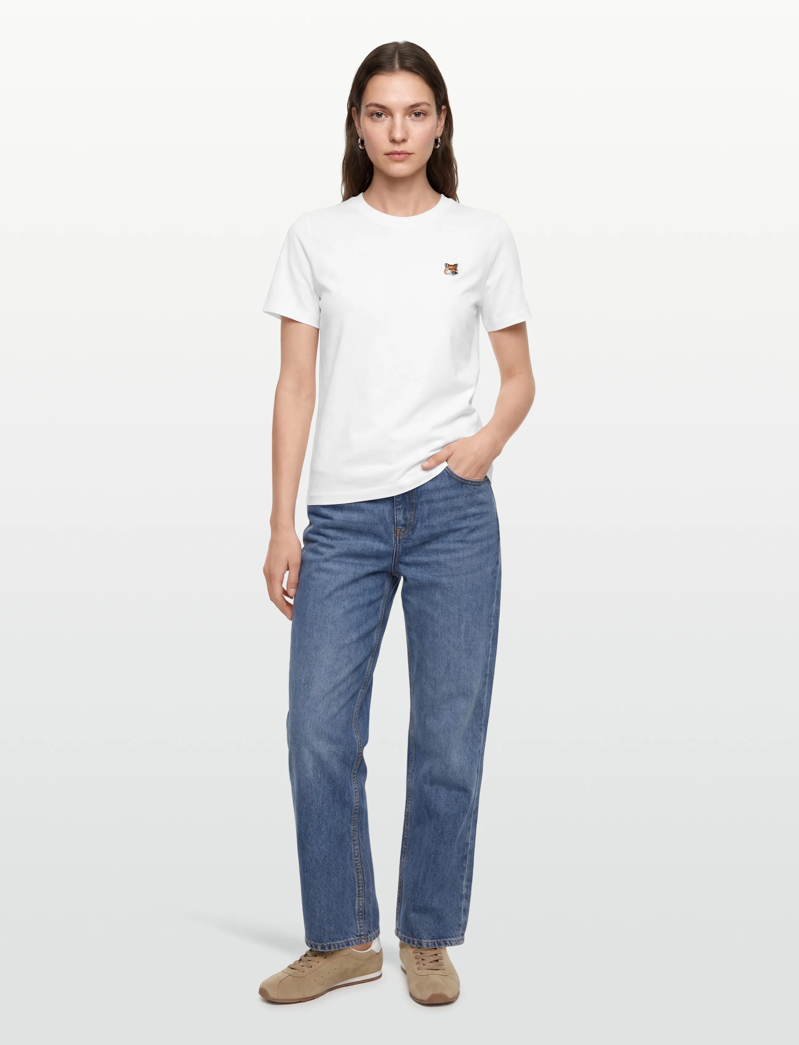 Maison Kitsune Fox Head Patch Regular Tee-Shirt, Rævehoved Patch Regular T-Shirt, Hvid, Str: L