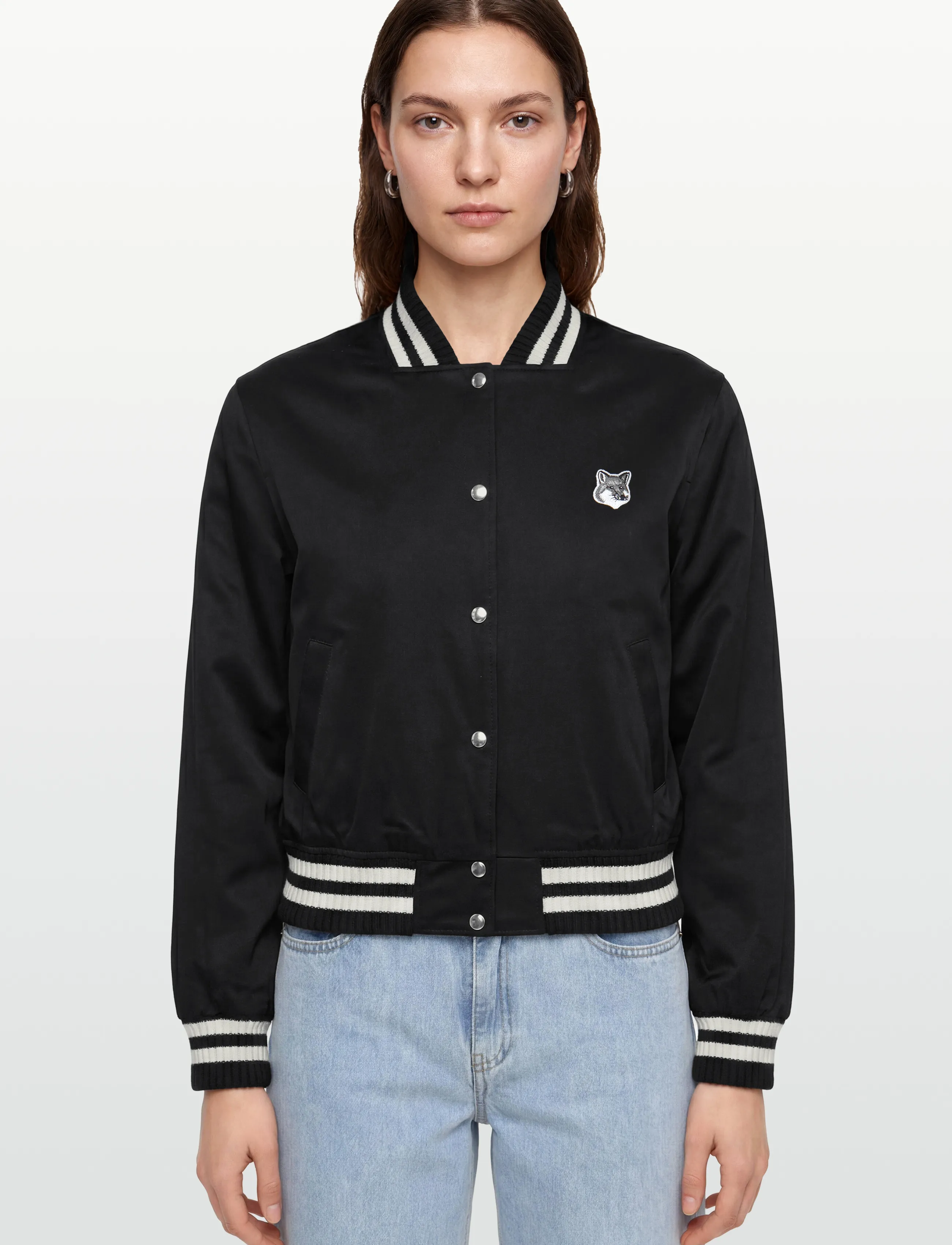 Maison Kitsune - TEDDY BLOUSON IN COTTON WITH GREY FOX HEAD - frühlingsjacken - black - 3