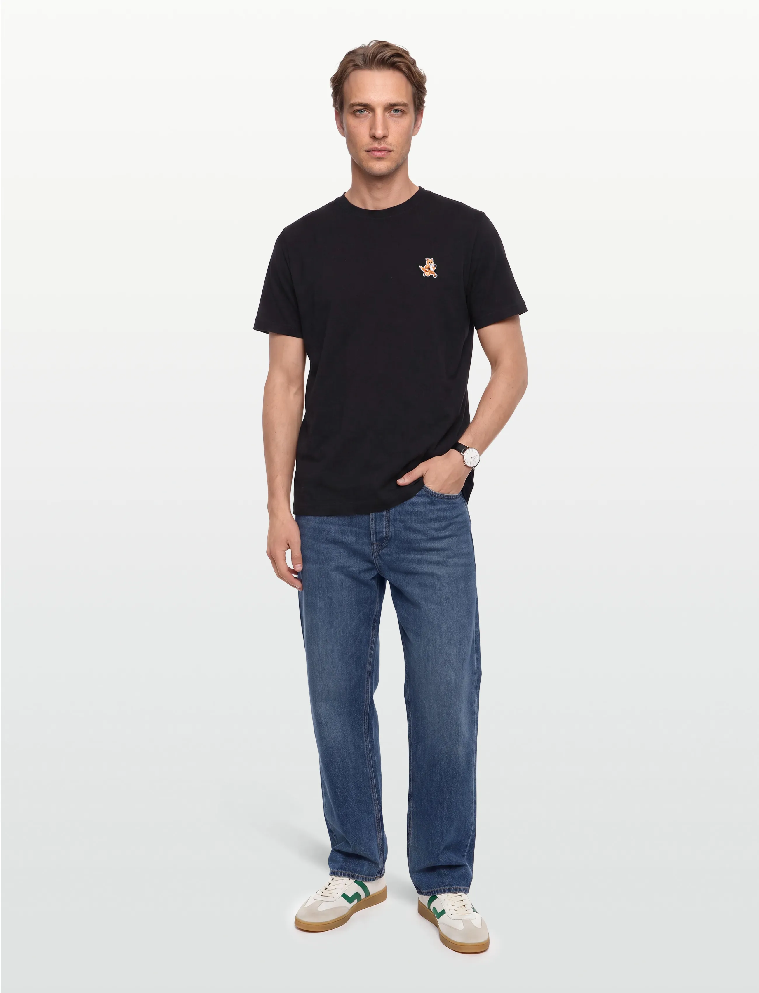 Maison Kitsune Speedy Fox Patch Comfort Tee-Shirt, Mænd, Ræve Patch T-Shirt, Sort, Str: XL