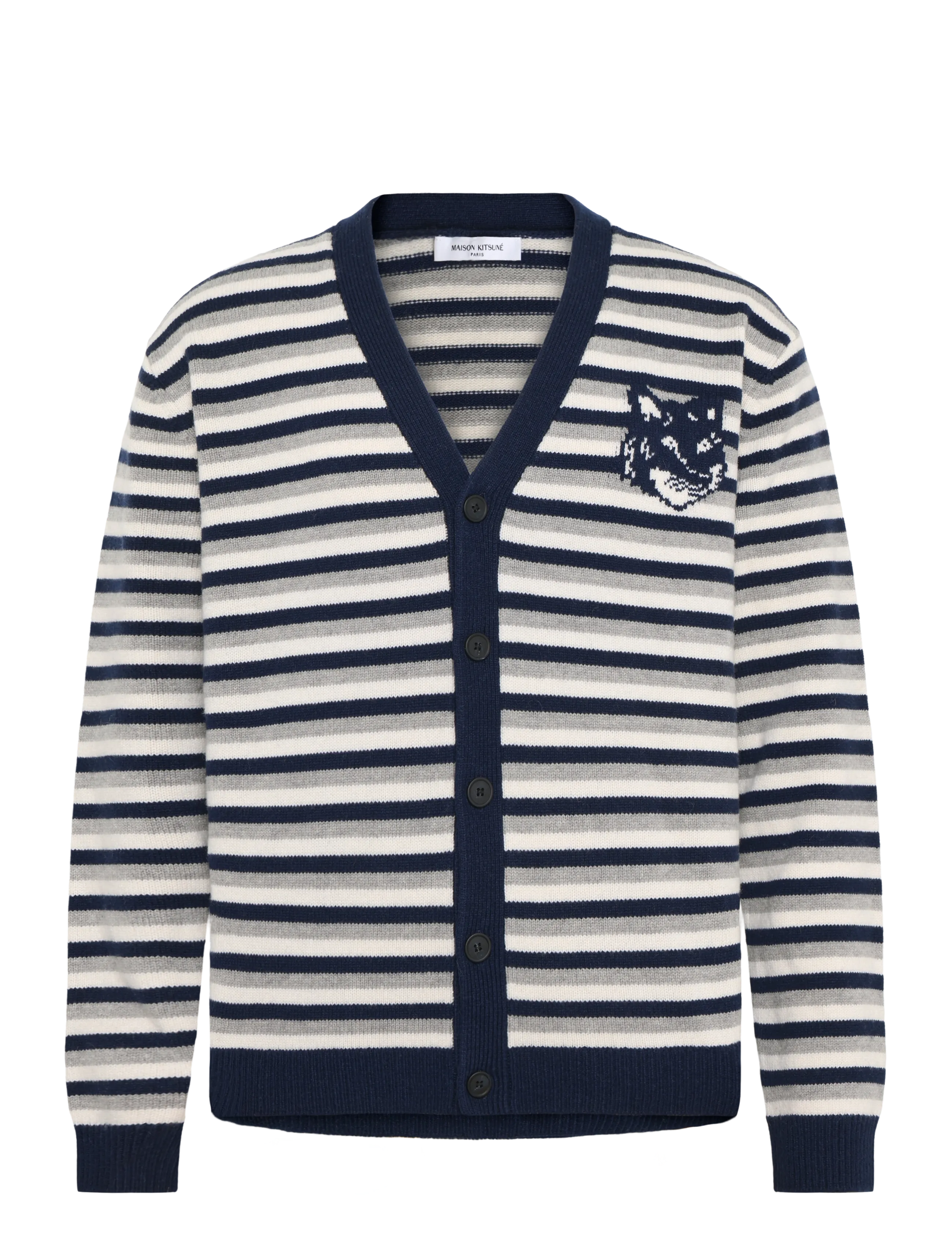Maison Kitsune FOX HEAD INTARSIA STRIPED COMFORT CARDIGAN - V-necks - NAVY/WHITE / navy