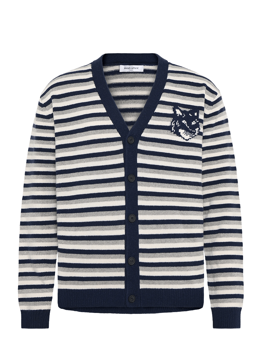 Maison Kitsune - FOX HEAD INTARSIA STRIPED COMFORT CARDIGAN - cardigans - navy/white - 0