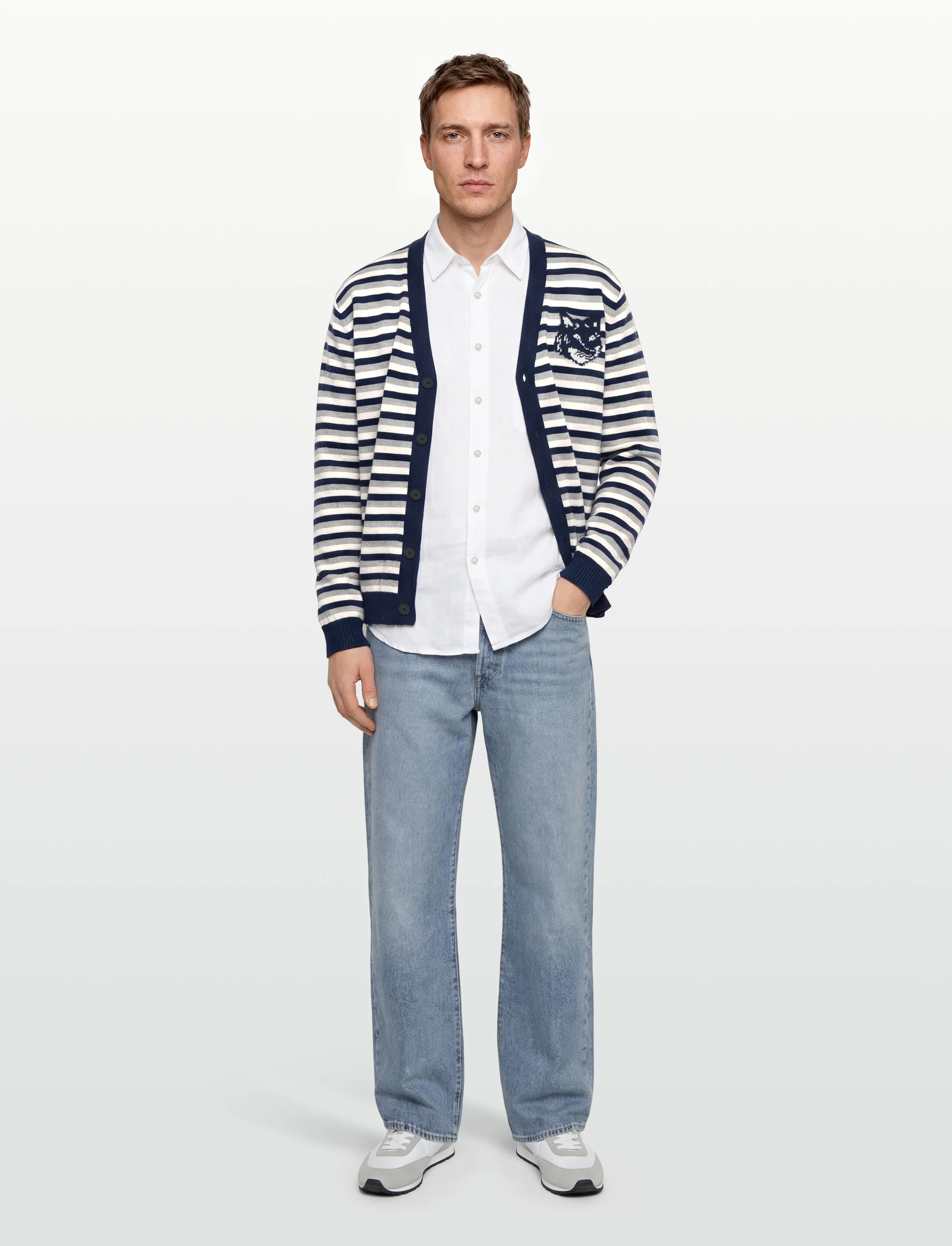 Maison Kitsune Fox Head Intarsia Striped Comfort Cardigan, S, Knitwear, Marineblau - Cardigans, Männerswear