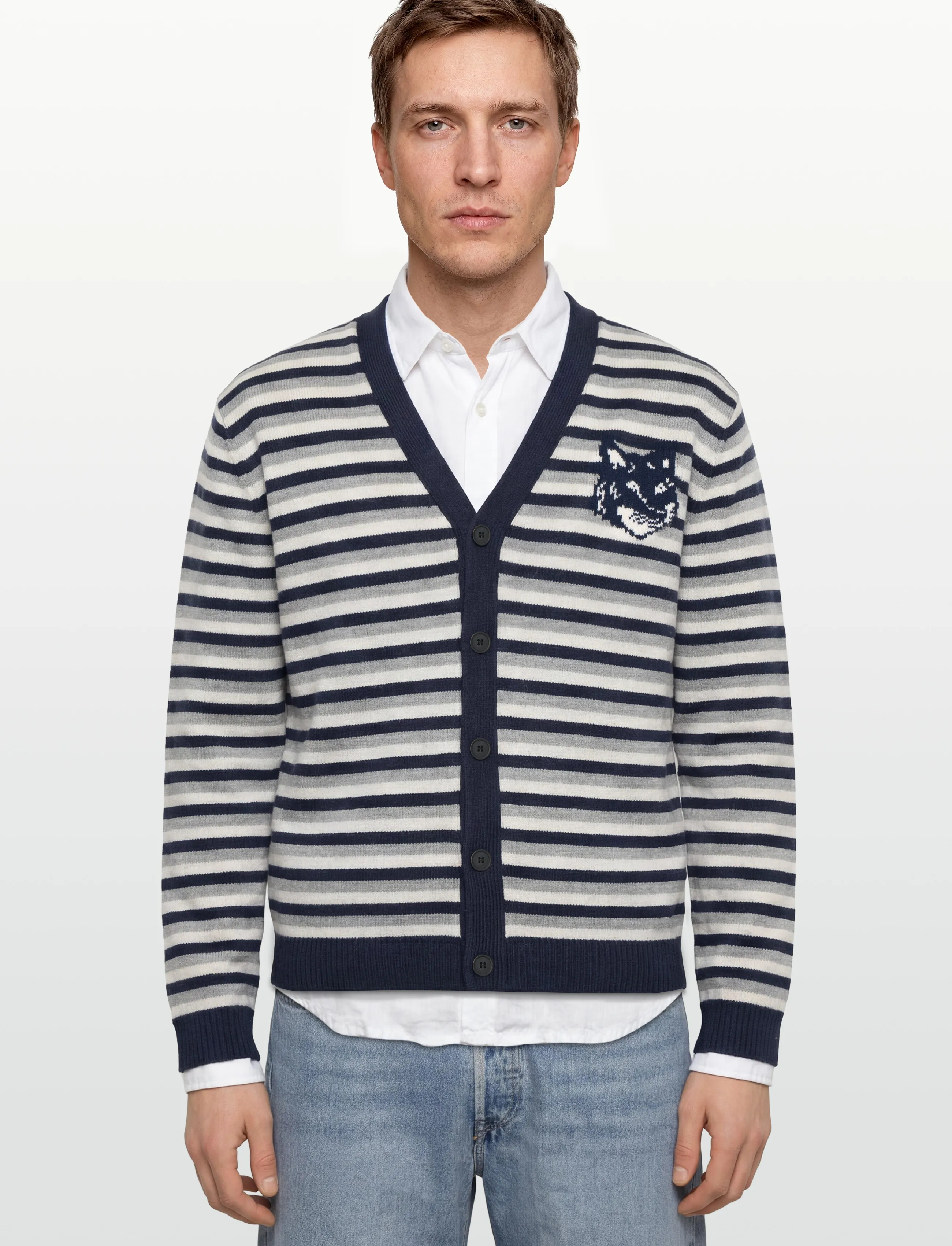 Maison Kitsune - FOX HEAD INTARSIA STRIPED COMFORT CARDIGAN - kardigani - navy/white - 3