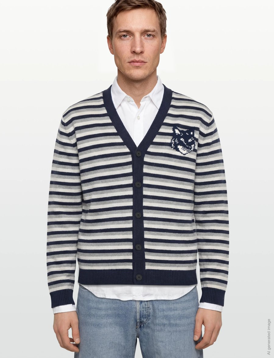 Maison Kitsune - FOX HEAD INTARSIA STRIPED COMFORT CARDIGAN - kardigani - navy/white - 3