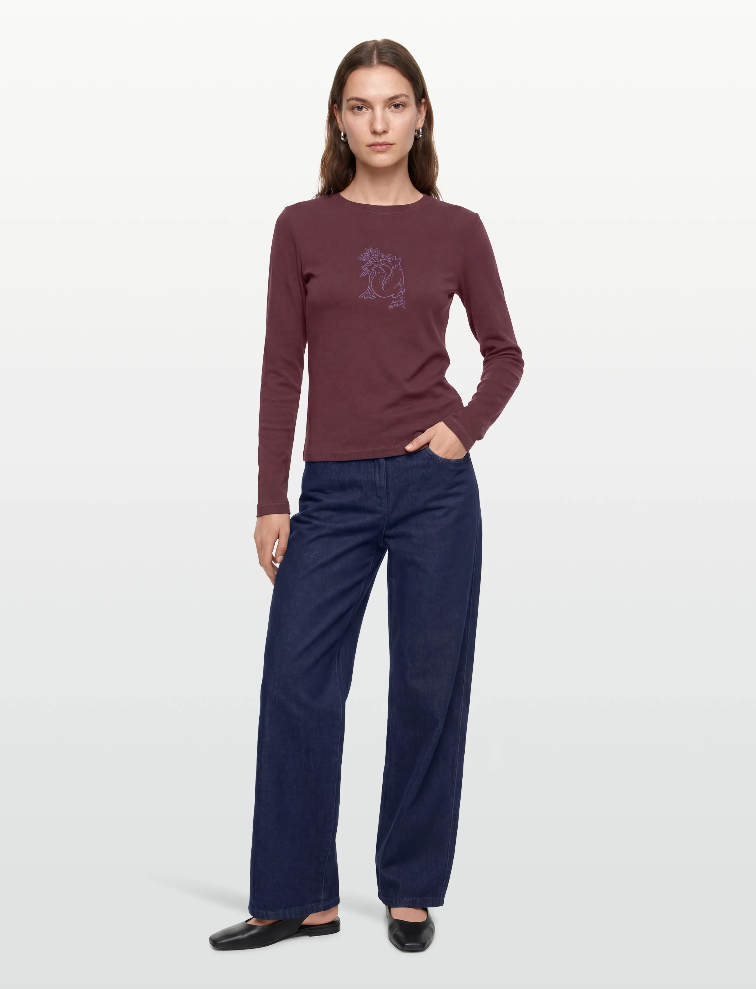 Maison Kitsune Woodland Fox Long Sleeves Slim Tee-Shirt, L, T-shirts & Oberteile, Burgunderrot - Long-sleeved, Frauen