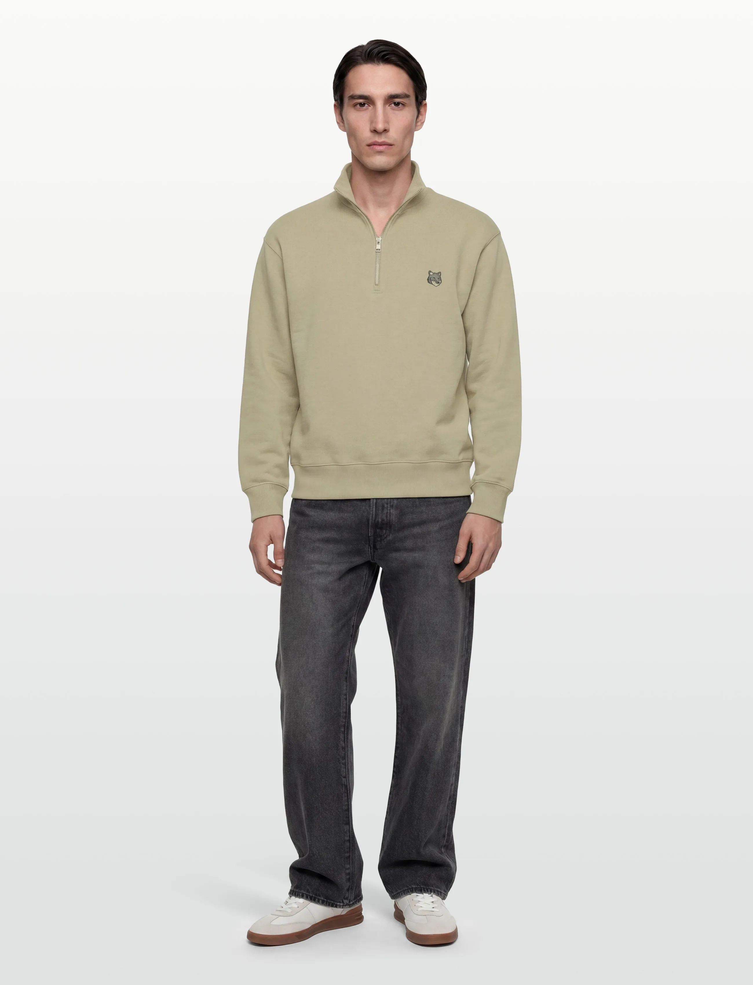 Maison Kitsune Grey Fox Head Patch Comfort Half Zipped Sweatshirt, L, Sweatshirts & Hoodies, Khakigrün - Sweatshirts, Männerswear
