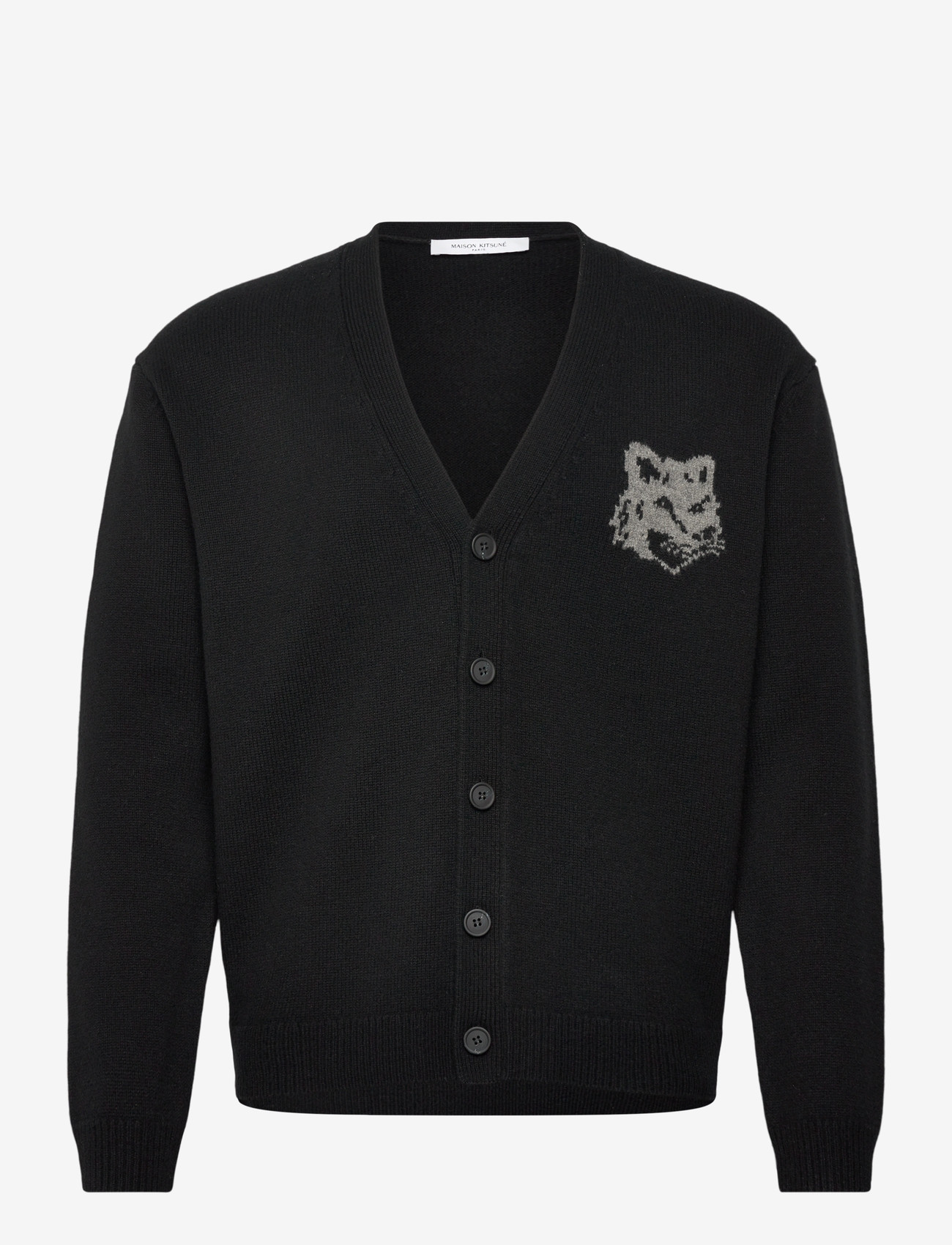 Maison Kitsune - FOX HEAD INTARSIA MERINO CARDIGAN BLACK/MEDIUM GRE - kardiganid - blackmediumgreymelange - 0